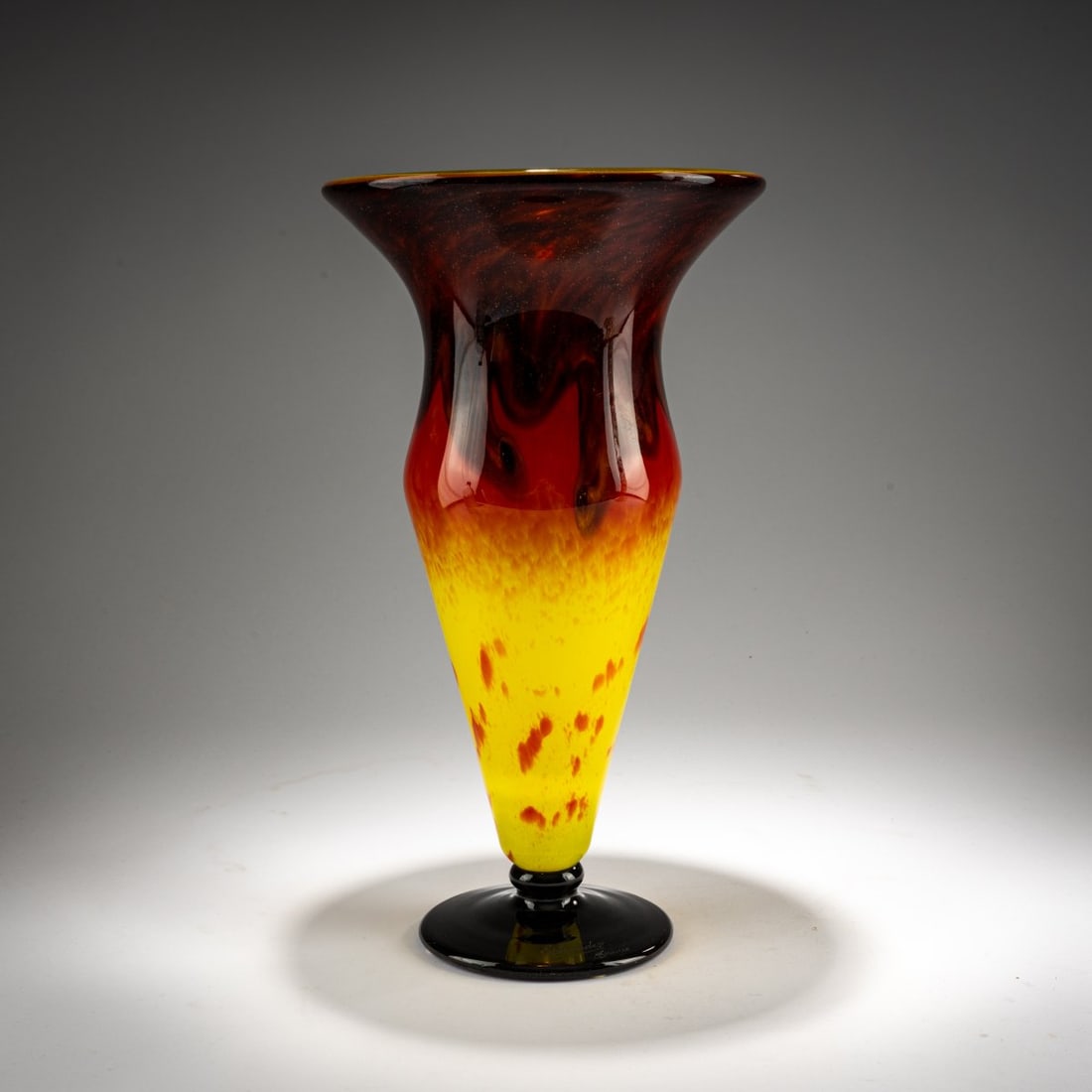 Schneider, Epinay-sur-Seine, Vase 'Jades', 1918-33: <p>H. 35 cm. Overlaid glass, colorless, with pink, yellow, and violet powder inclusions. Dark violet base. Signed: Schneider France (needle engraving).</p>