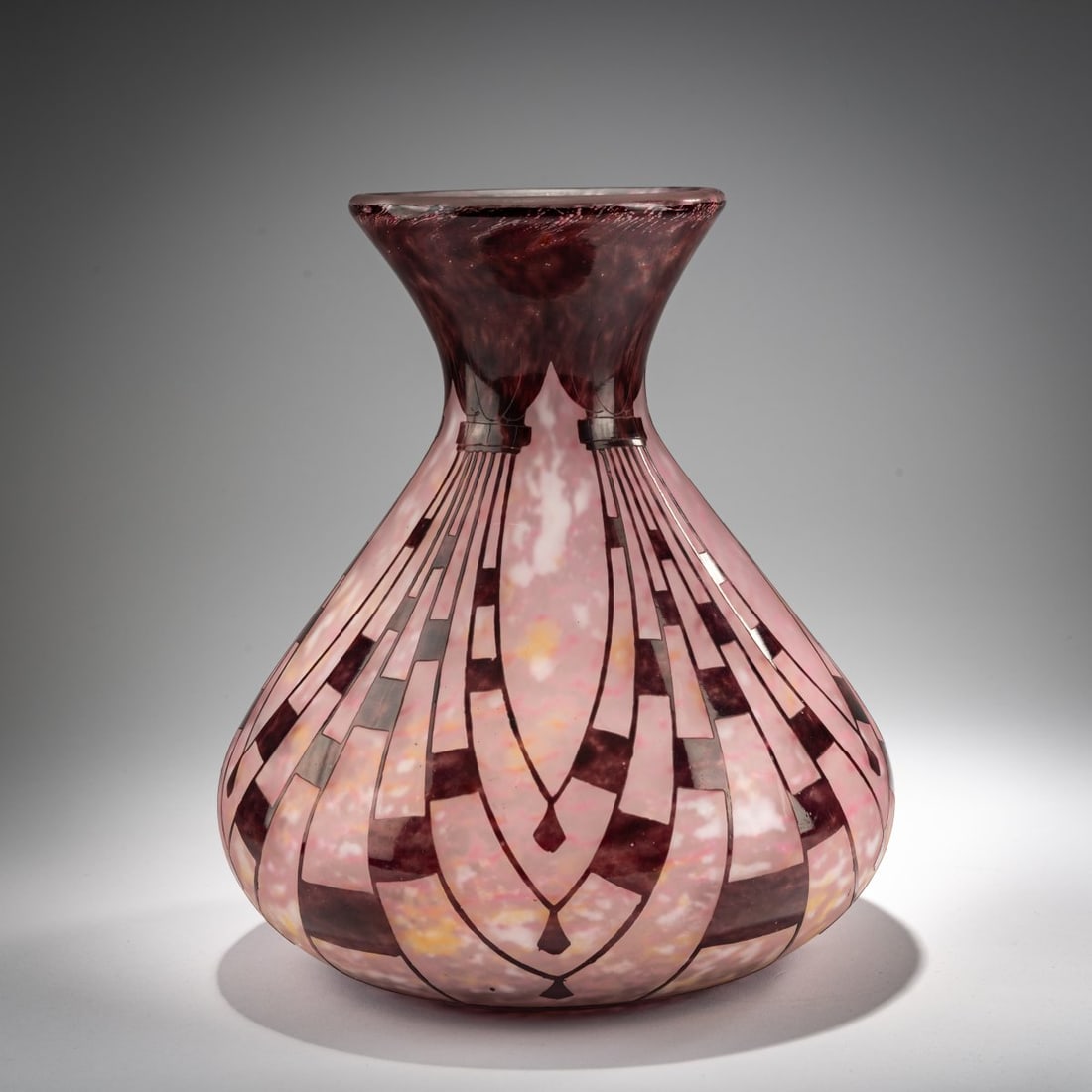 Schneider, Epinay-sur-Seine, Vase 'Colliers' 1927-28: <p>H. 27.5 cm. Overlaid glass, colorless with white, pink, and yellow powder inclusions, violet enamel fusions. Etched 'Colliers' decoration. Signed: Charder (raised), Le Verre Fran&ccedil;a