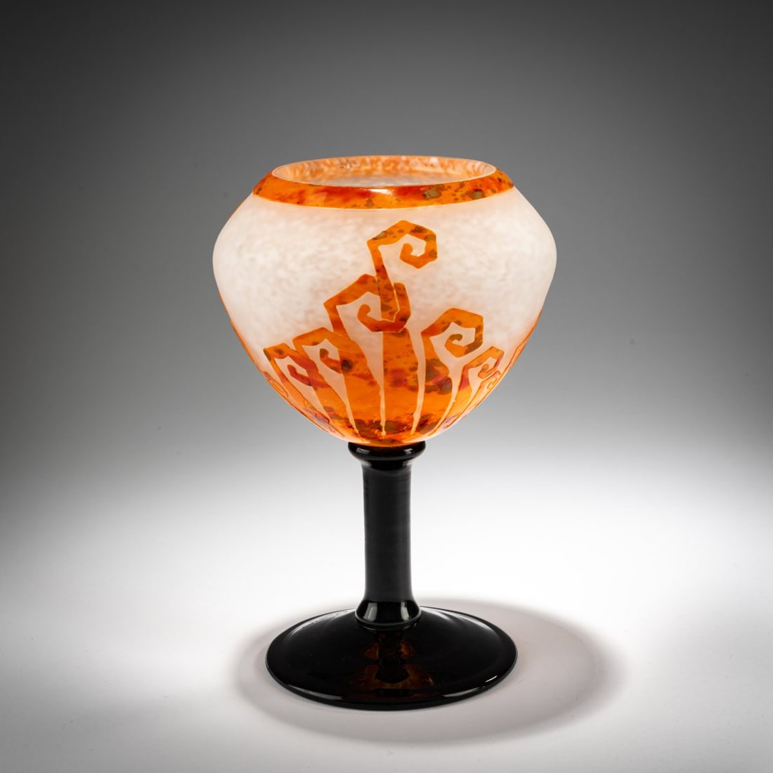 Schneider, Epinay-sur-Seine , 'Fougères' Vase 1927-28: <p>H. 23.8 cm. Overlaid glass, colorless, with white powder inclusions, orange, red, and green enamel fusions. Etched fern decoration. Dark violet foot. Signed: Charder (raised). Foot signed: Le