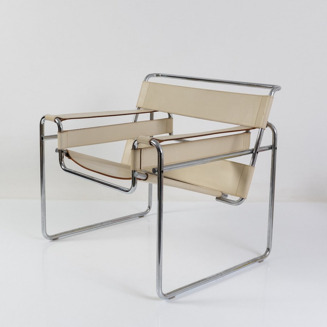 Marcel Breuer, 'Wassily' armchair, 1925 (design): <p>H. 75 x 78 x 80 cm. <br />Gavina, Milan. <br />Chrome-plated tubular metal, white leather. <br />Marked: Designer's signature (embossed in the leather).</p><hr>&