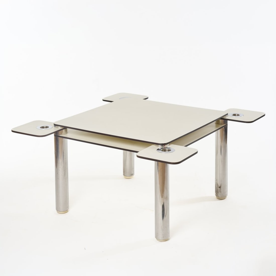 Joe Colombo, 'Poker table', 1968 (design): <p>H. 78 x 100 x 100 cm. <br />Zanotta, Nova Milanese. <br />Chrome-plated metal tube, chipboard with white laminate, black plastic banding, swiveling shelves for gaming
