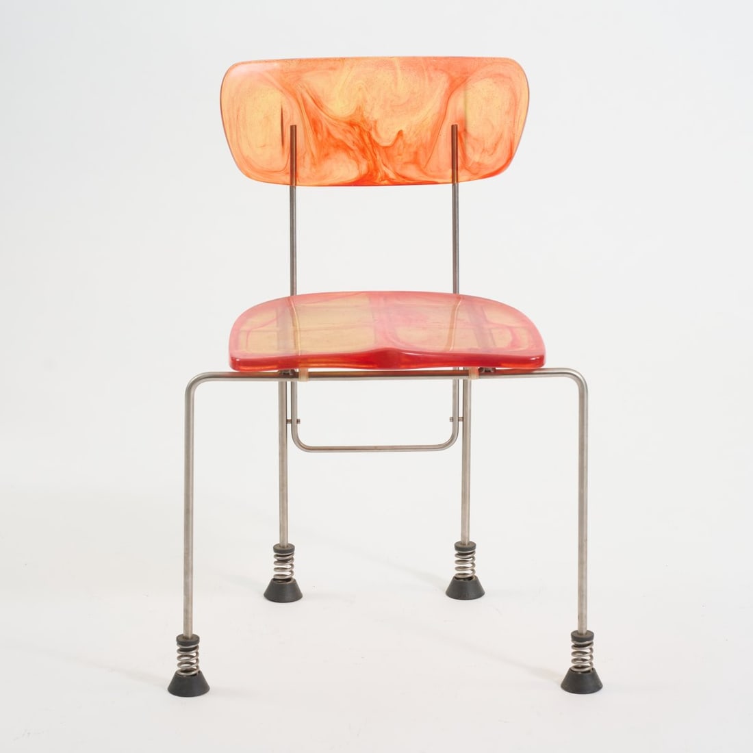 Gaetano Pesce, Chair '543 Broadway', 1993 (design): <p>H. 74.5 x 51 x 42 cm. <br />Bernini, Carate Brianza. <br />Chrome-plated metal tube, red and yellow epoxy resin, plastic, black, metal springs. <br />Marked: Manufacturer's 