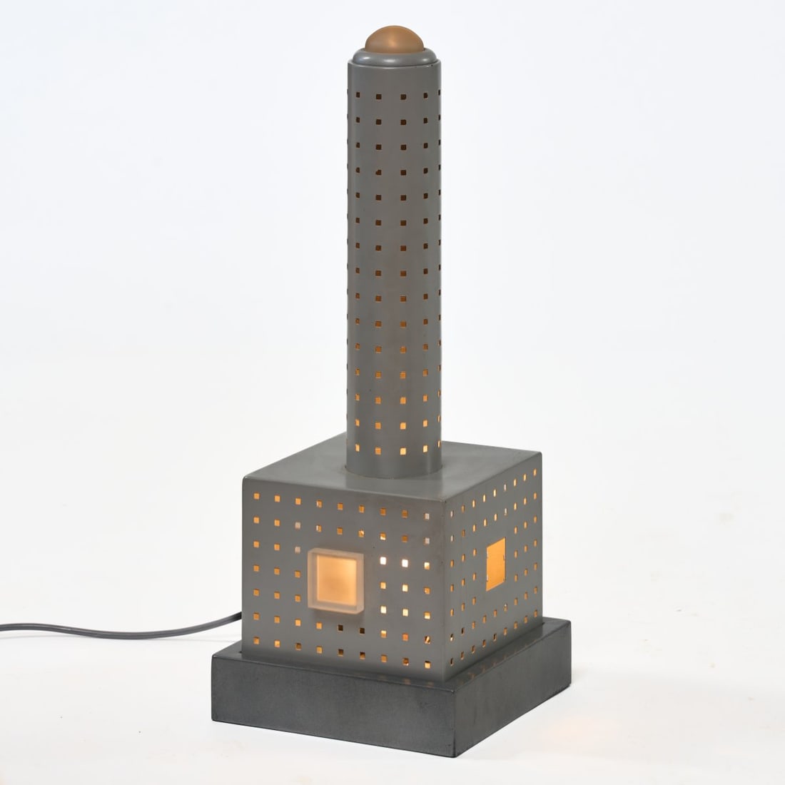 Matteo Thun, Table and floor lamp 'Maddalena', 1985 (design): <p>H. 65 x 25 x 25 cm. <br />Bieffeplast, Padua. <br />Stamped sheet steel, gray lacquer, matte plexiglass. </p><hr><p>Literature:</p><p>Collins, Design
