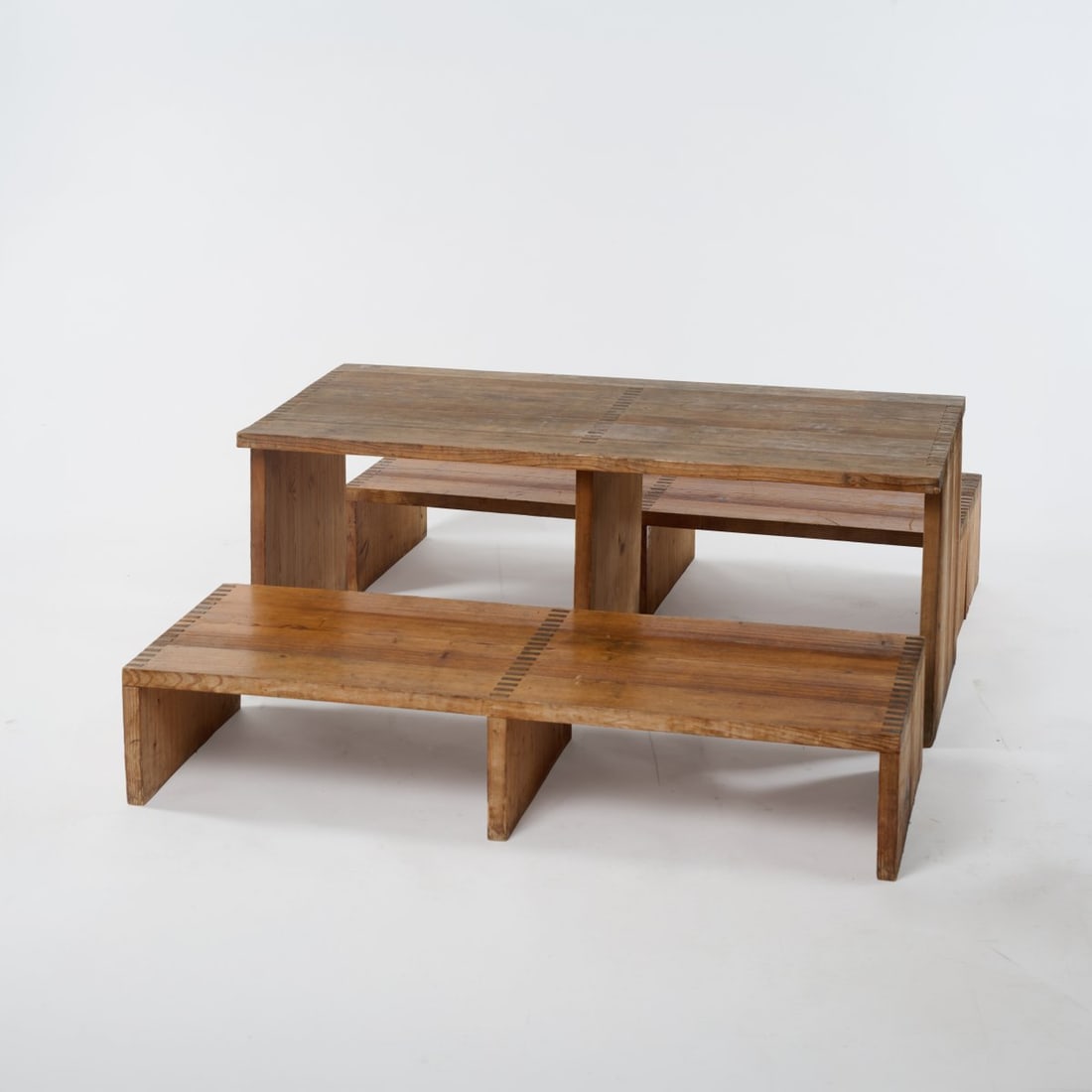 Otl Aicher, 'Rotis-Serie' table, two benches, folding chair, 1971/72: <p>Table: H. 63.5 x 159,5 x 78,5 cm; Benches: H. 30 x 160 x 59 cm (without cushions). <br />Cushions: 39.5 x 39.5 x 12 cm; Folding chair: 78 x 60.5 x 60 cm.<br />Softwood, solid, mor