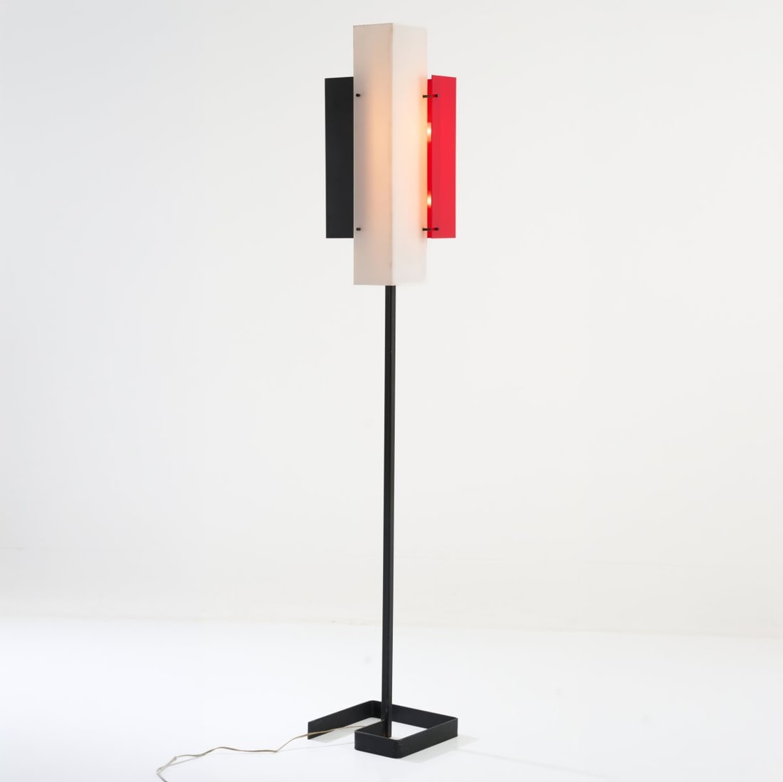 Jean Boris Lacroix, Floor lamp '315', c. 1955: <p>H. 162 x 26 x 26 cm. <br />Luminalite, Paris. <br />Hoop metal, square metal tube, black lacquer, sheet metal, black and white lacquer, Plexiglas, red and
