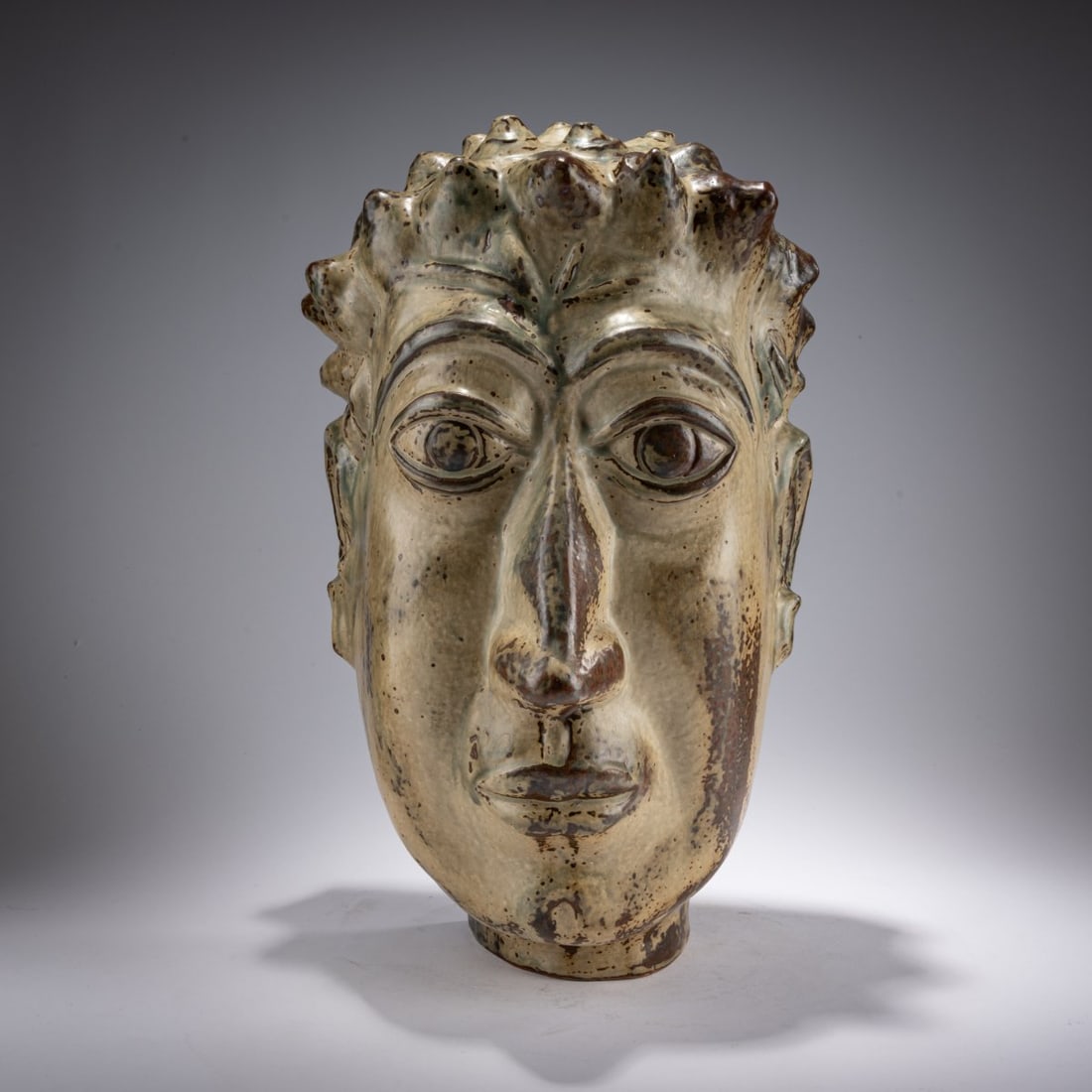Axel Salto, Head, 1949: <p>H. 45 cm. <br />KPM Copenhagen. <br />Stoneware, Sung glaze. <br />Marked: SALTO (incised), manufacturer's mark (blue, on glaze), label with serial number (L&oslash;benr