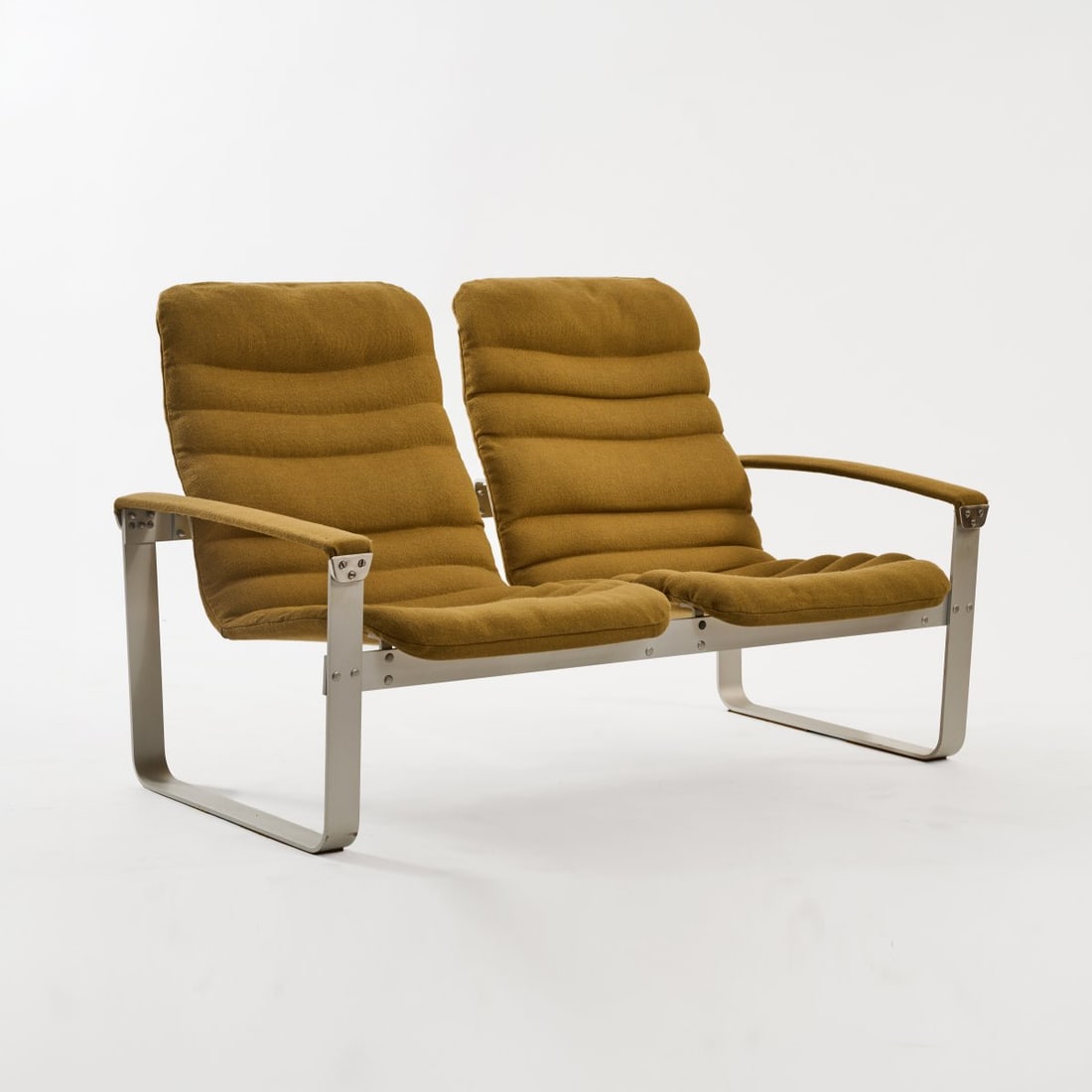 Ilmari Lapallainen, 'Metal - pullka' two seater sofa, 1968 (design): <p>H. 83 x 140 x 85 cm.<br />Asko Oy, Helsinki. <br />Sheet aluminum, sandbrown textile fabric.</p><hr><p>Literature:</p><p>Fiell, 60s Decorative Art, C