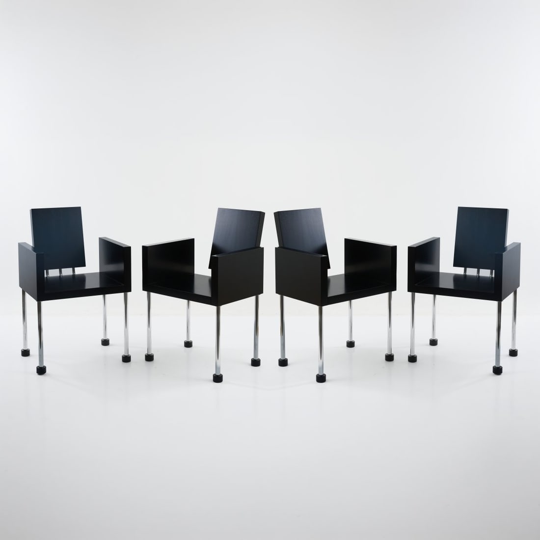Ettore Sottsass, Four armchairs 'Miss, don't you like Caviar?', 1987 (design): <p>H. 81 x 52.5 x 55 cm. <br />Brugola, Renzo for Galerie Blum Helman, New York. <br />Chrome-plated steel tubing, black lacquered wood.</p><hr><p>Literature:</p