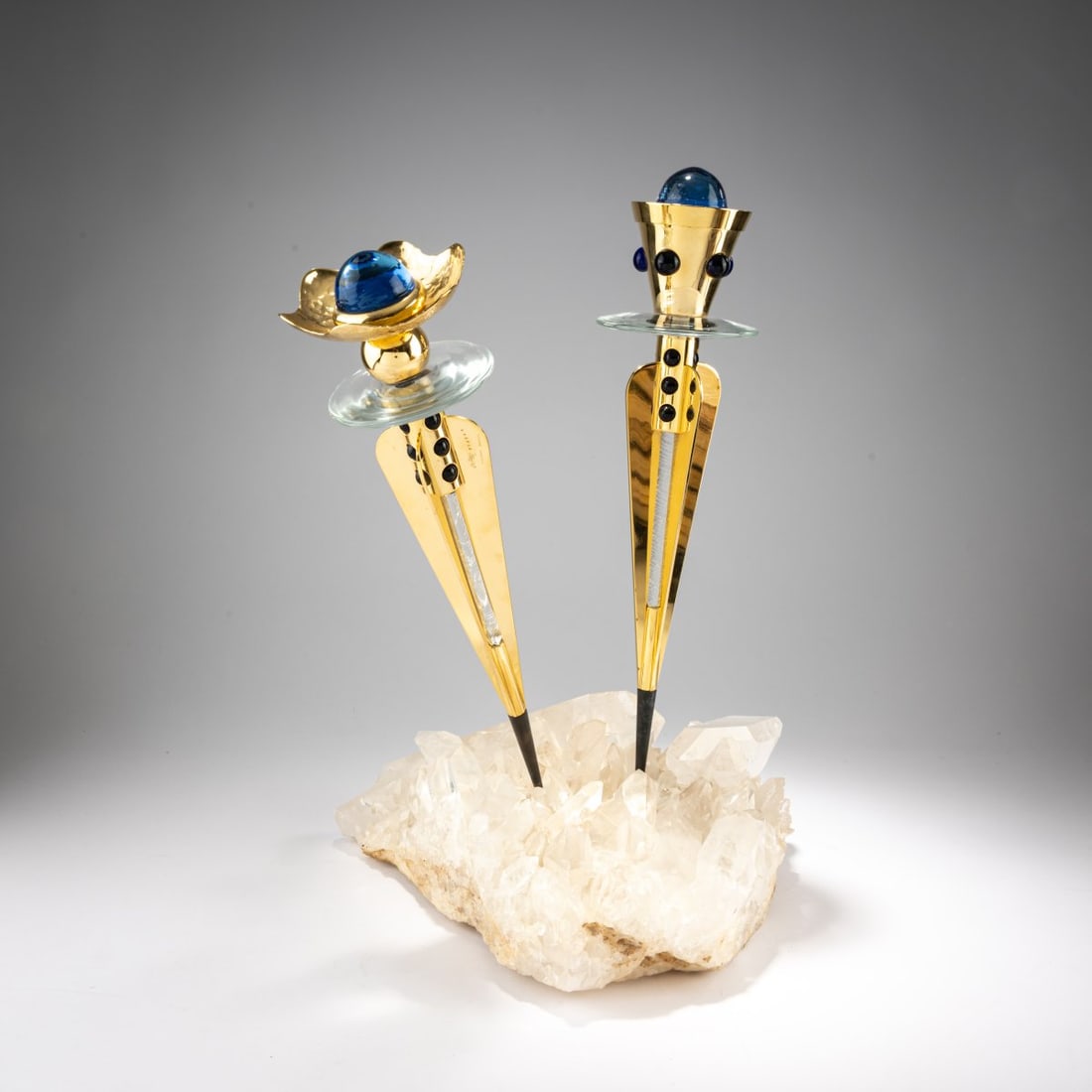 Bo?ek Šípek, Clock object 'Kronos: Uranus and Gaia', 1993 (design): <p>L. 39.5&ndash;40.5 cm. H. 44 cm (overall). <br />Steltman Galleries &amp; Editions, Amsterdam. <br />Crystal block, brass, gilt, colorless and blue glass. <br />Mark