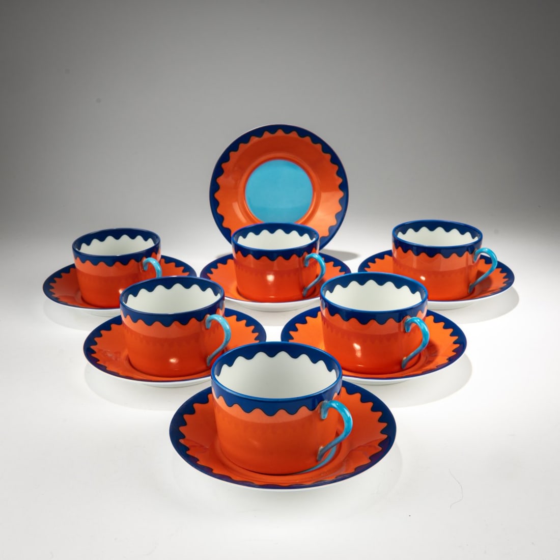 Garouste & Bonetti, Six coffee cups and saucers 'Trapani', c. 1989 (design): <p>Cups: H. 5.7 cm, saucers &Oslash; 14.6 cm. <br />Ancienne Manufacture Royale, Limoges for Daum, Paris. <br />Porcelain, white, glazed, polychrome overglaze. <br />Marked