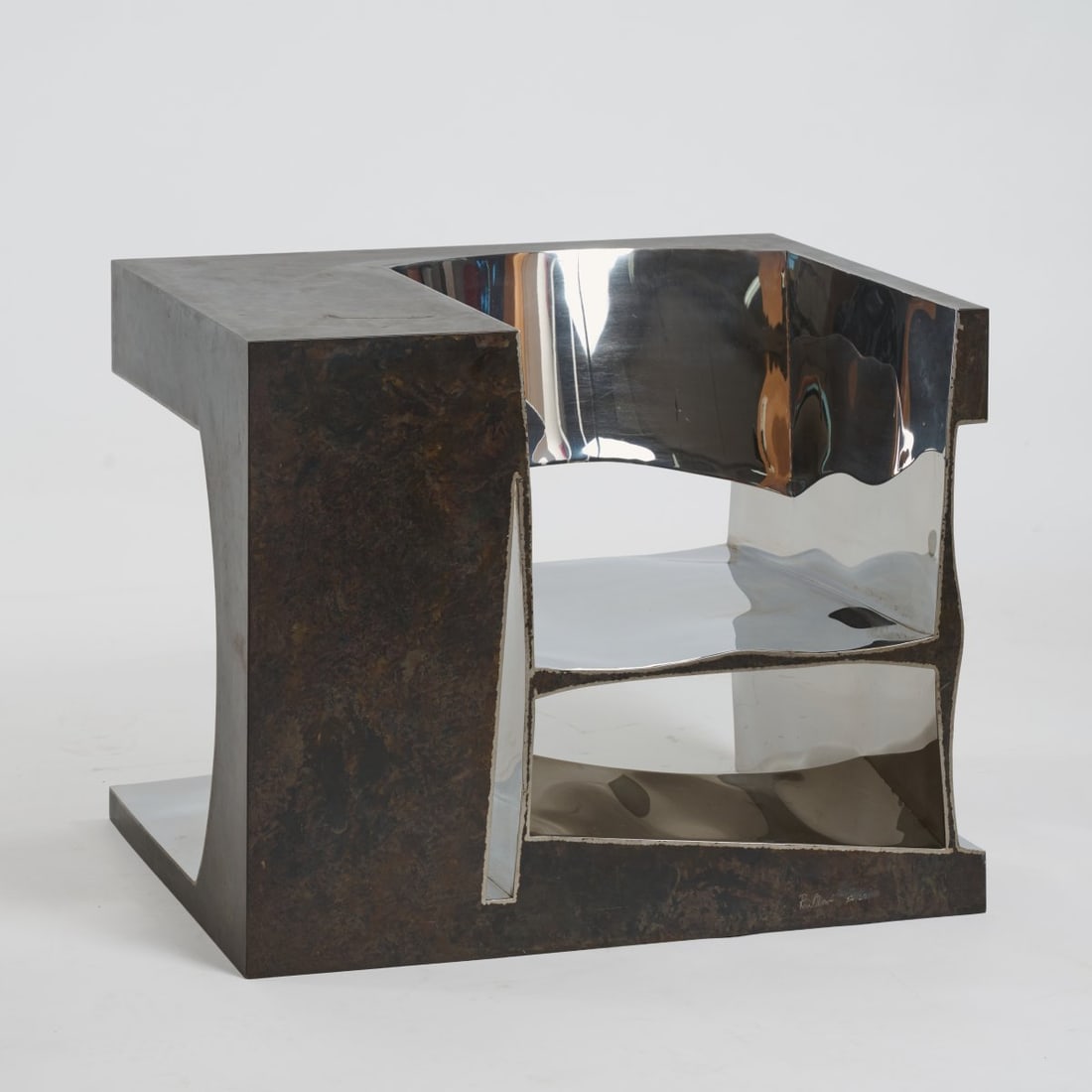 Ron Arad, Armchair '2 R Not', 1992 (design): <p>60.5 x 76.5 x 61 cm. <br />Ron Arad Associates, London. <br />Polished sheet metal, partially patinated. <br />Marked: Ron Arad 12/20 (incised).</p><hr><p>