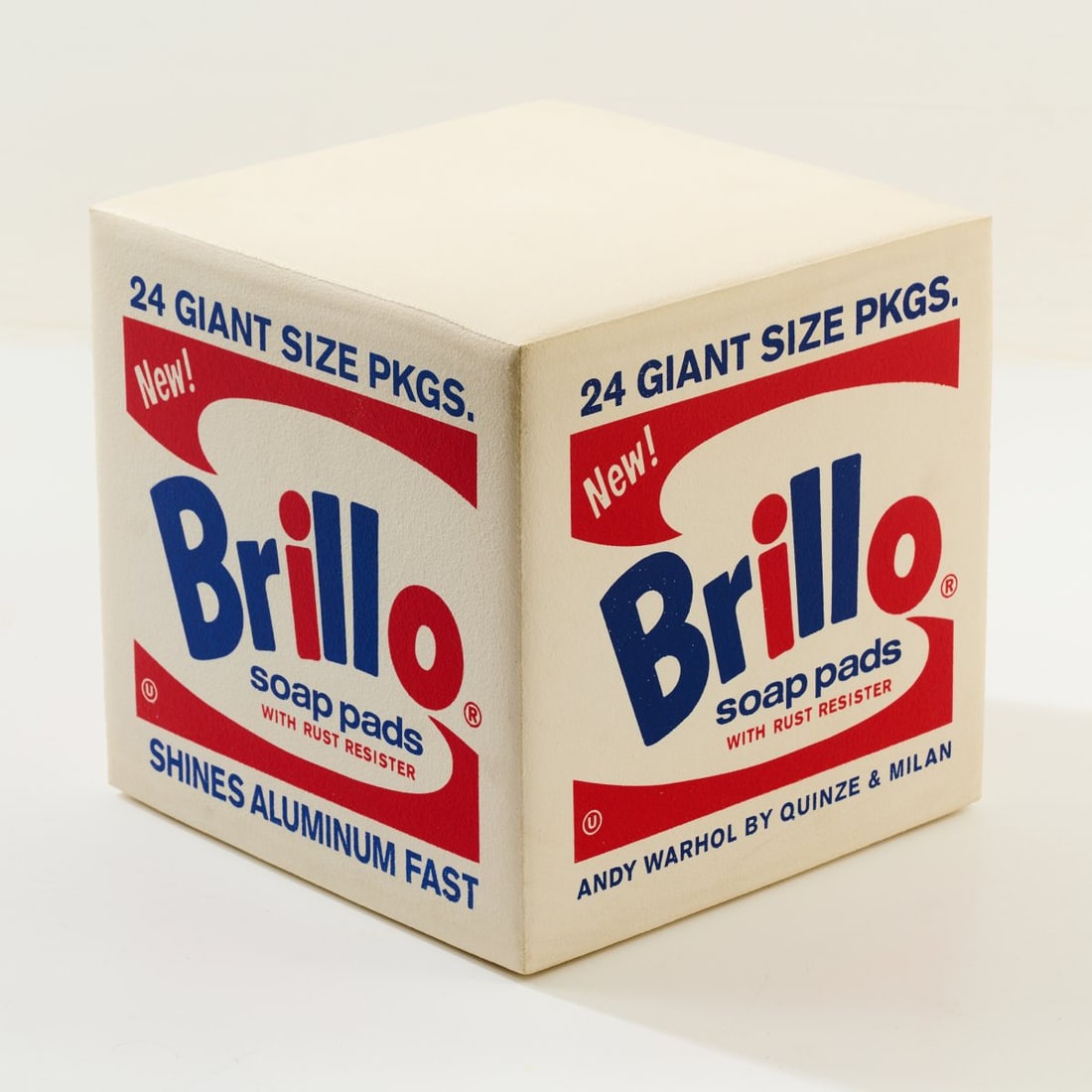 Andy Warhol (AFTER), Pouf 'Brillo', 1964 (design): <p>H. 39.5 x 39.5 x 39.5 cm. <br />sdclab for Quinze &amp; Milan, Wevelgem, after 2014. <br />Foam, color printed. <br />Marked: Manufacturer's stamp, facsimile signature, 