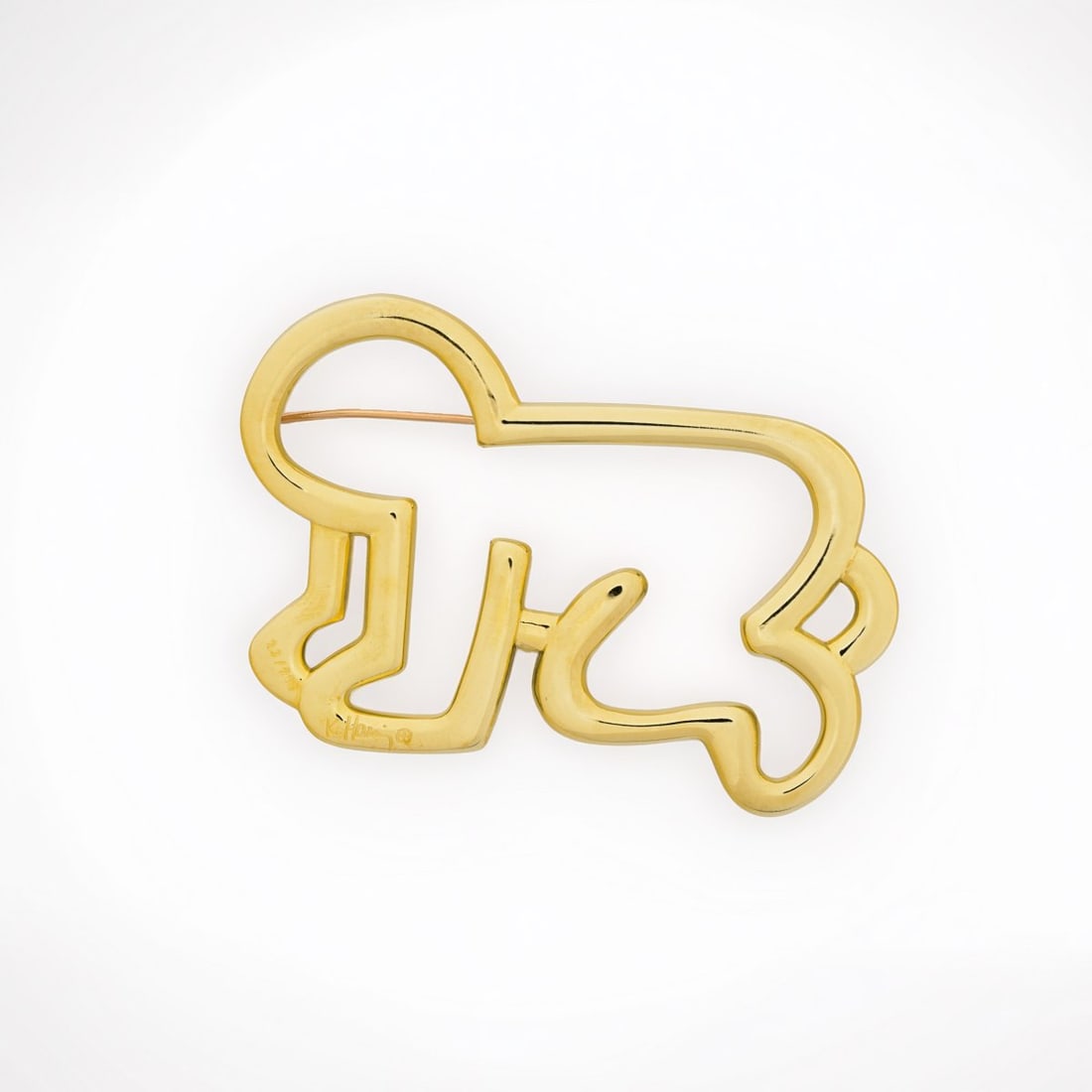 Keith Haring (1958 Reading, PA - 1990 New York), Brooch 'Crawling Baby', 1989: <p>18k yellow gold (750). <br />25.80 grams. 53 x 70 mm. Number 23 of 200 pieces. <br />Stamped: 23/200, K. Haring, workshop mark. </p><hr><p>Literature:</p>&