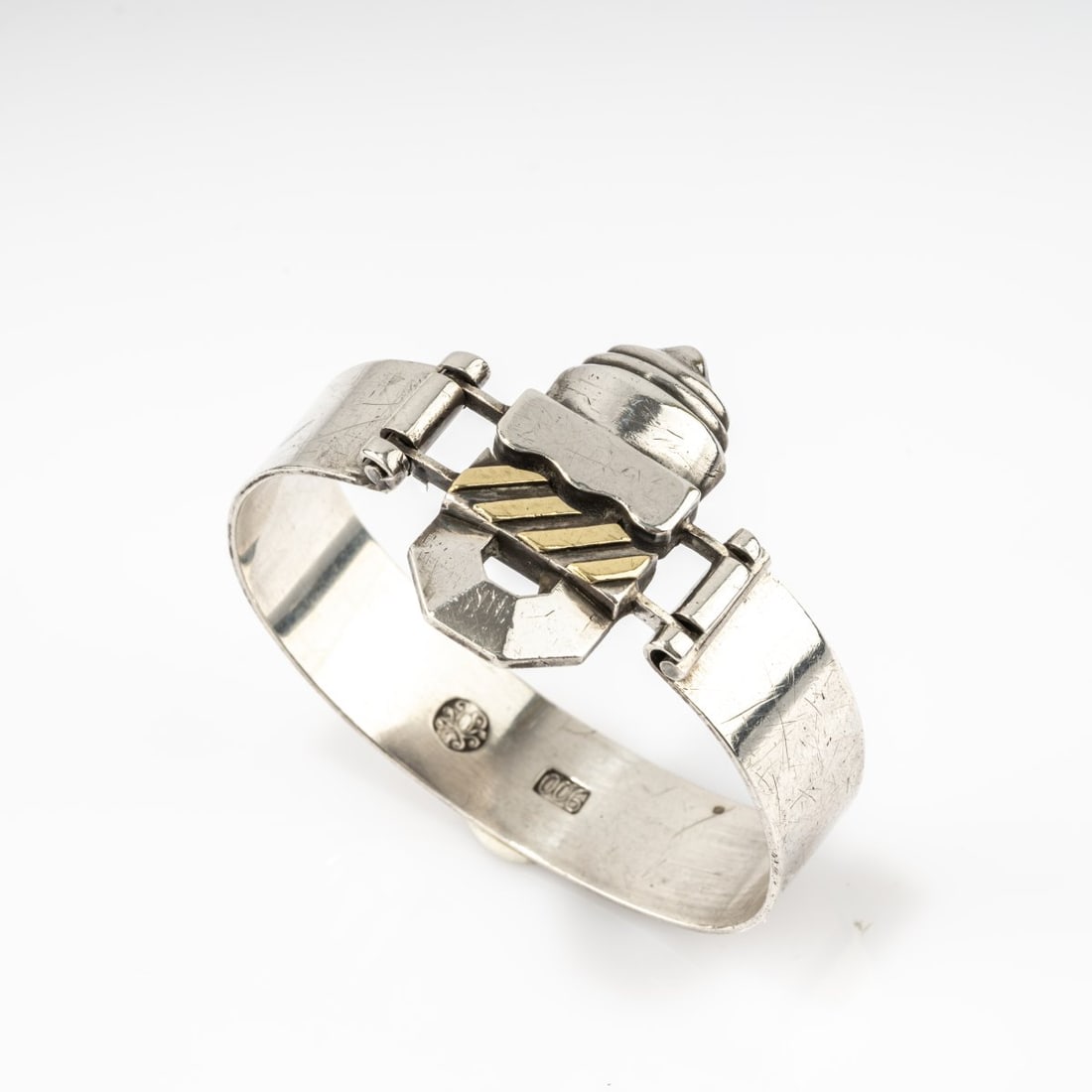 Gerd Rothmann (1941 Frankfurt a.M. - lives in Munich), Bangle 'Motiv nach Blossfeldt' (Motif after: <p>900 silver, blackened, fine gold. <br />47.31 grams. Width 39 mm, &Oslash; 45-60 mm. <br />Stamped: artist's signet, 900. </p><hr><p>Literature:</p><