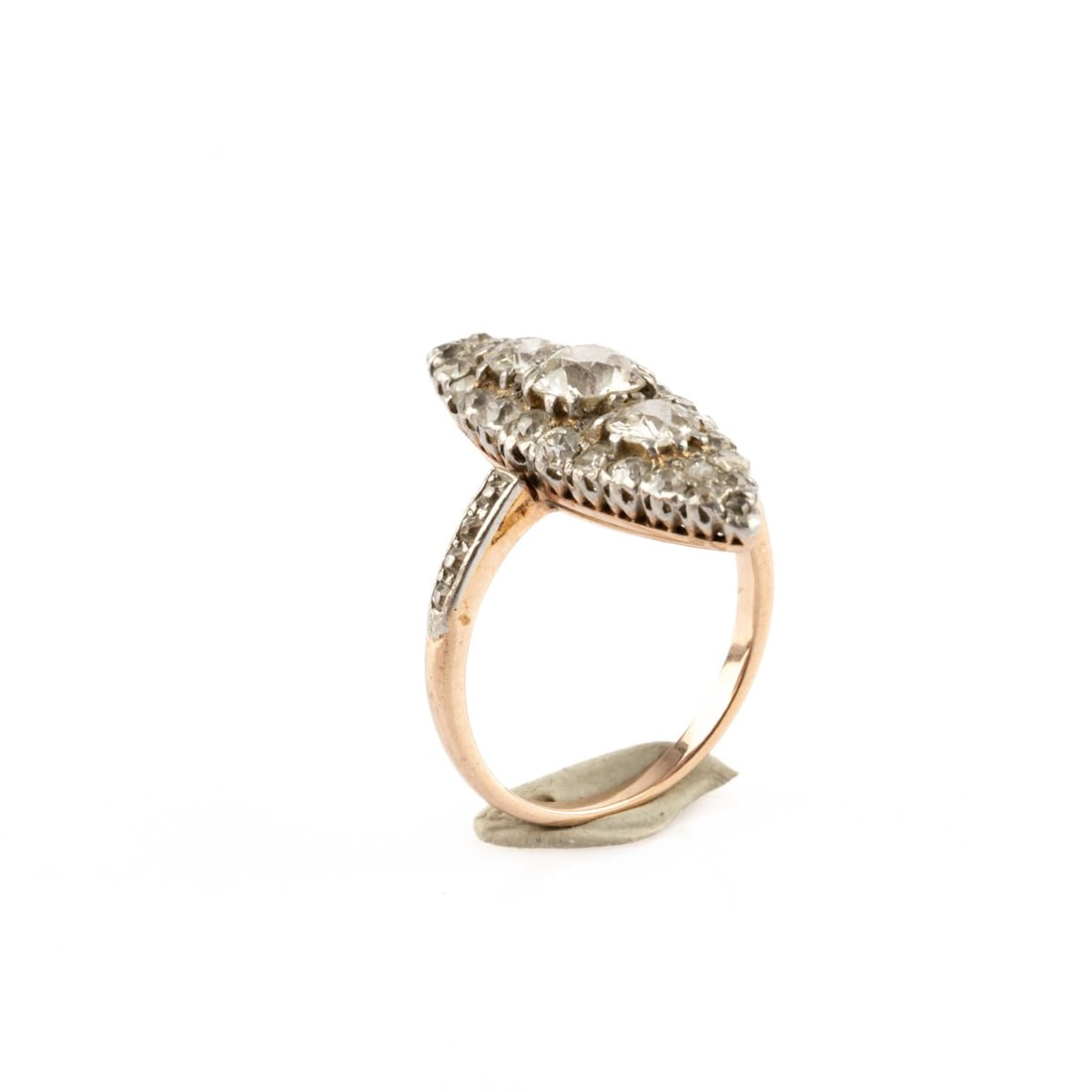 , Navette ring with diamonds: <p>14k rose gold (585) (tested), old and rose-cut diamonds (total approx. 1.0 ct., calculated weight). <br />4.09 grams. Ring size 49. </p>