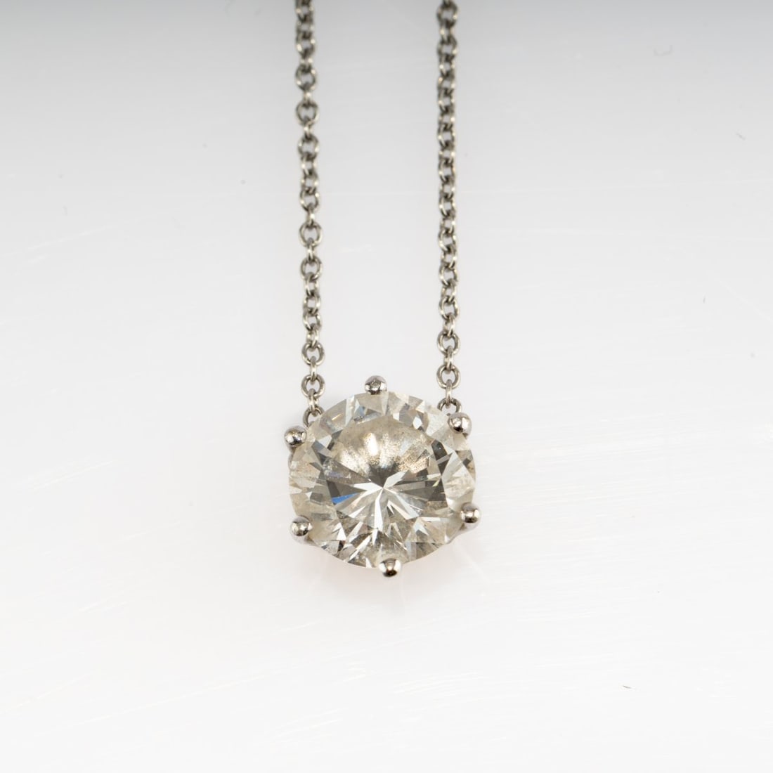 Elsa Peretti for Tiffany & Co., Solitaire diamond necklace: <p>950 platinum, solitaire brilliant-cut diamond (2.09 ct.), fine white (G-H), flawless (all details according to expert opinion). <br />3.20 grams. Pendant &Oslash; 8.3 mm. <br
