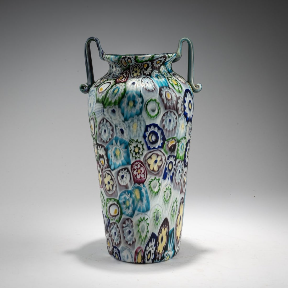 Fratelli Toso, 'Millefiori' vase, c. 1903: <p>H. 34.5 cm. Colorless glass with fused polychrome murrine. </p>