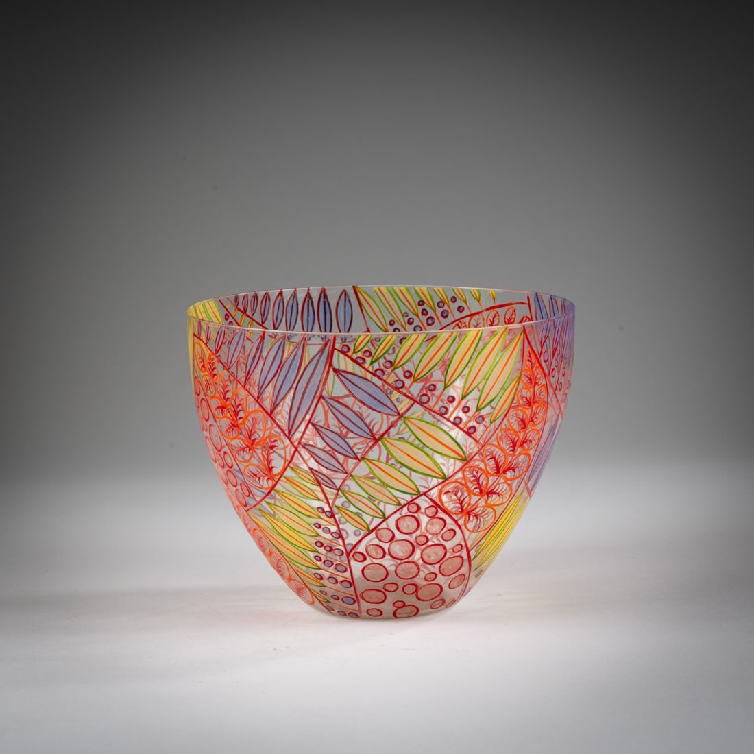 Vittorio Zecchin, 'Foglie' or 'Smalto' vase, 1940: <p>Model No. 722. Execution: S.A.L.I.R. H. 12 cm. Colorless glass with multicolored enamel decoration. Marked on the base: manufacturer's