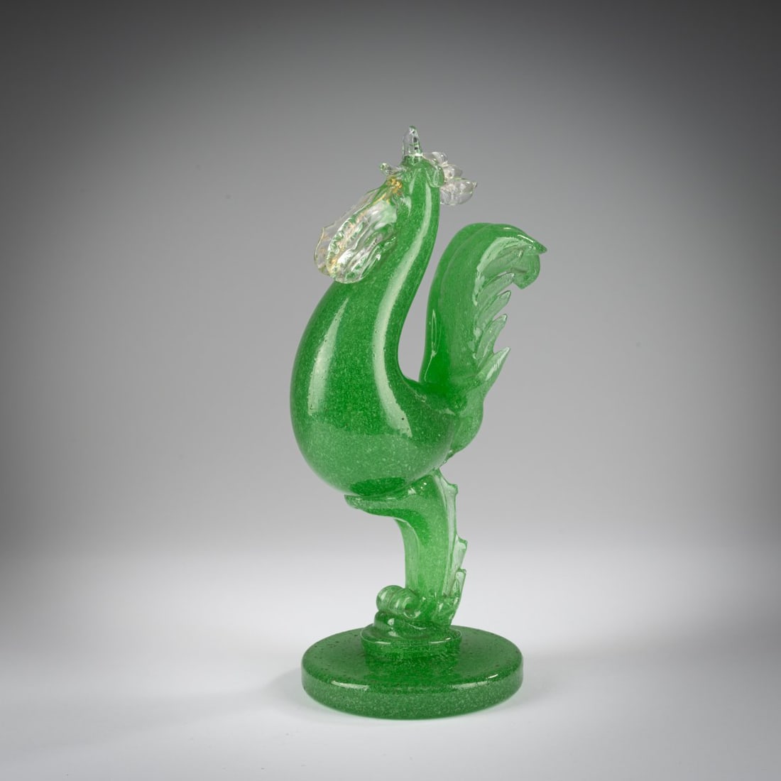 Flavio Poli, 'Bollicine' rooster, c. 1940: <p>H. 29 cm. Execution: Seguso Vetri d'Arte. Glass with pronounced bubbles, clear and green, applications made of clear glass with burst gold foil. </p>