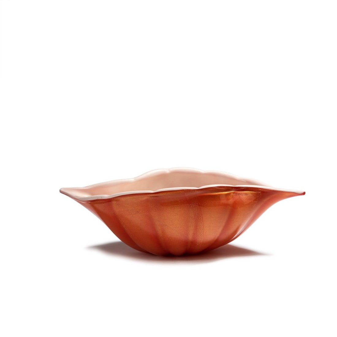 Seguso Vetri d'Arte, Bowl, c. 1950: <p>H. 13 cm; 41.5 x 20.5 cm. Cased glass, clear, white and orange, outside and inside with burst gold foil.</p>