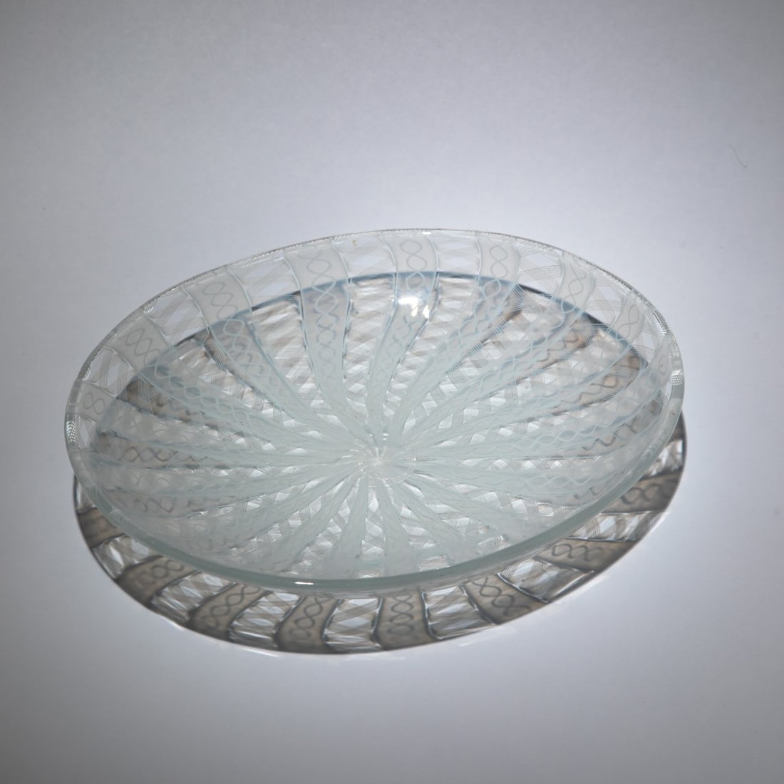 Paolo Venini, 'Filigrana' bowl, c. 1950: <p>H. 4.5 cm; &Oslash; 30 cm. Execution: Venini. Colorless glass with applied ribbons containing fused white mesh threads. Marked: venini murano ITALIA (acid stamp).</p>