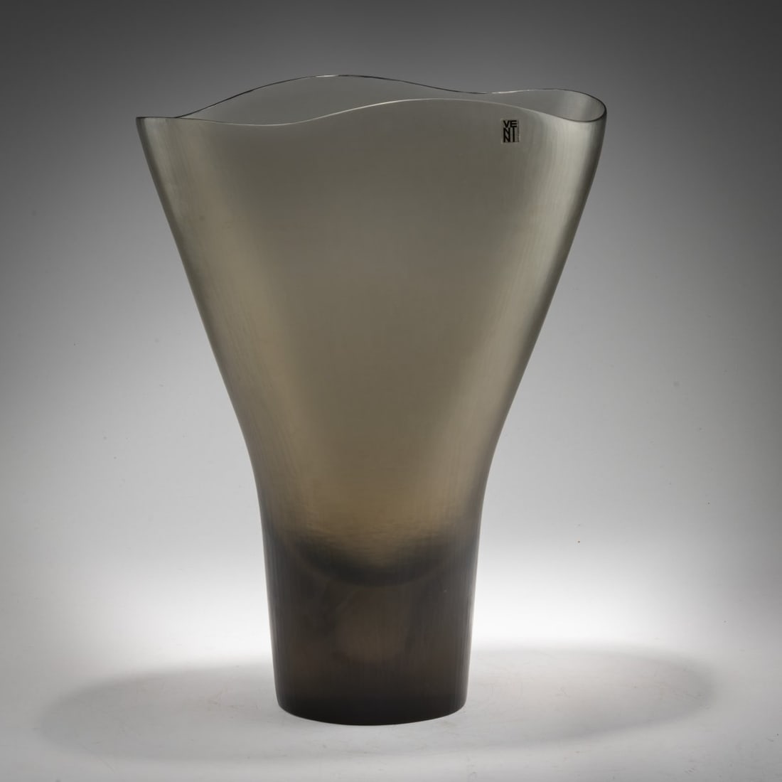 Tobia Scarpa, Large 'Battuto' vase, 1959–62: <p>H. 45.5 cm. Execution: Venini. Cased glass, colorless and smoky gray, with a horizontal, flat-surfaced incised pattern. Marked on the base: venini italia 100/96 (engraved); plastic