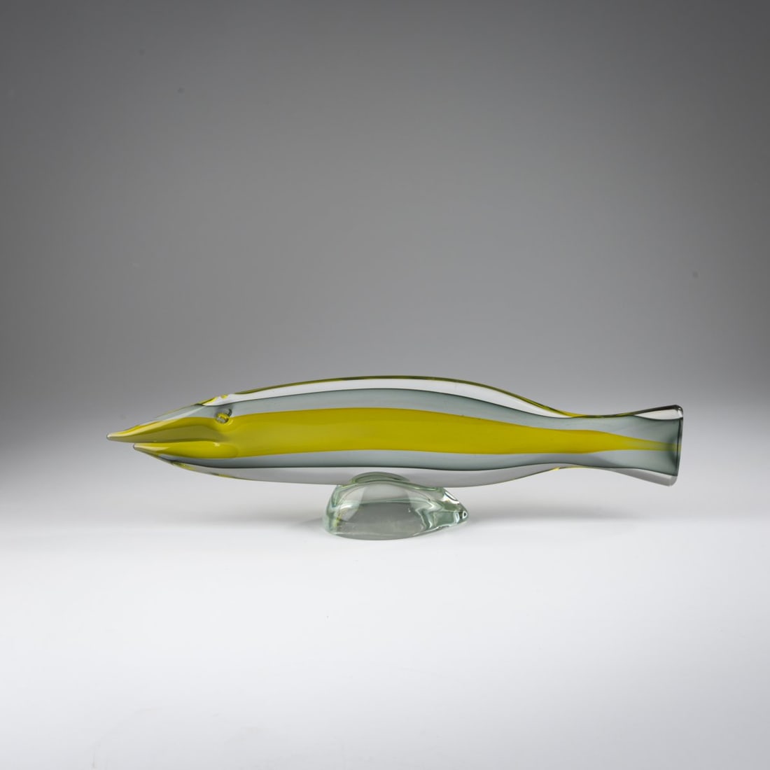 Gino Cenedese, Fish, c. 1960: <p>H. 11 cm, L. 41 cm. Cased glass, colorless, gray, and yellow. </p>