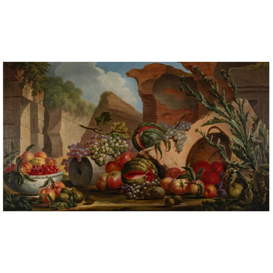 Adolph Friedrich Harper (1725 Berlin - 1806 ibid), Fruit still life in front of Roman ruins in a: <p>Oil on canvas, relined. 88.0 x 154.2 cm (canvas), 93.0 x 160.0 cm (frame). Signed and dated on a fallen column in the image: Harper 1772 (oil). Framed and described as such. </p>