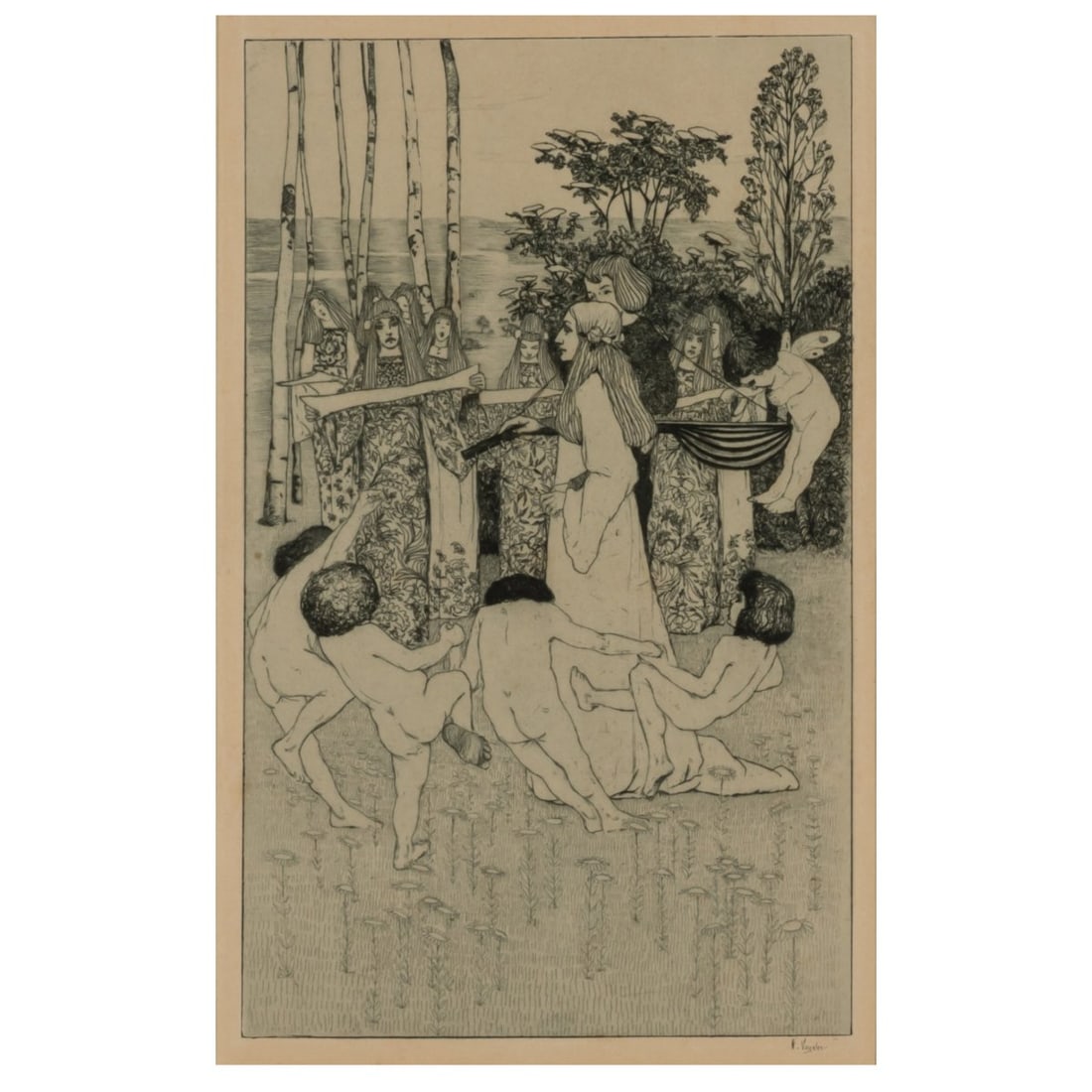 Heinrich Vogeler (1872 Bremen - 1942 Karaganda), 'Minnetraum' from the portfolio 'Vom: <p>Etching in green with plate tone on firm wove paper. 34.2 x 20.3 cm (plate), 59 x 45 cm (frame). Signed lower right in the plate: H. Vogeler. One of 100 copies published by the Worpswede Soci