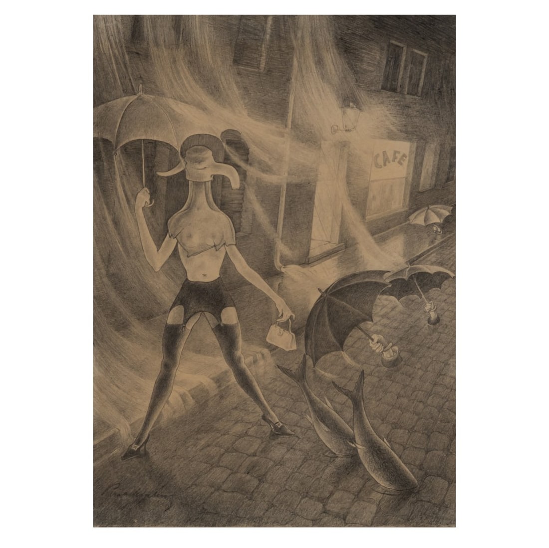 Walter Schnackenberg (1880 Bad Lauterberg - 1961 Rosenheim), 'Café', c. 1950: <p>Pencil on paper. 38 x 27.4 cm. Signed lower left: Schnackenberg (pencil), inscribed verso: from VIII IV (ballpoint pen). Mounted in a passe-partout. </p>