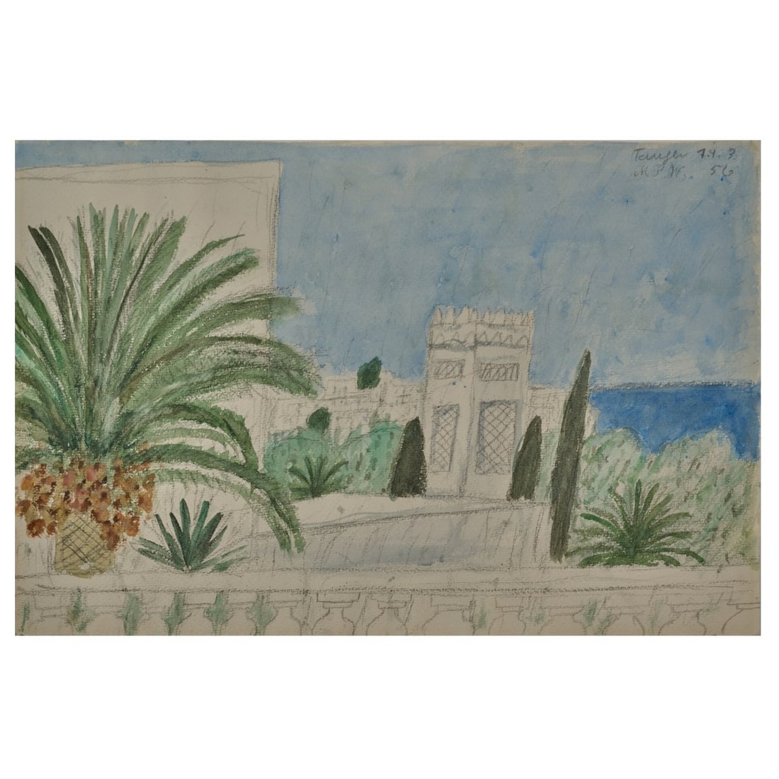 Max Peiffer Watenphul (1896 Weferlingen - 1976 Rome), 'Tanger', 1956: <p>Pencil and watercolor on heavy watercolor paper. 32 x 48.5 cm (sheet). Titled upper right: Tanger, monogrammed: MPW, and dated: 14.3.(19)56 (pencil). Loose in a portfolio. </p>