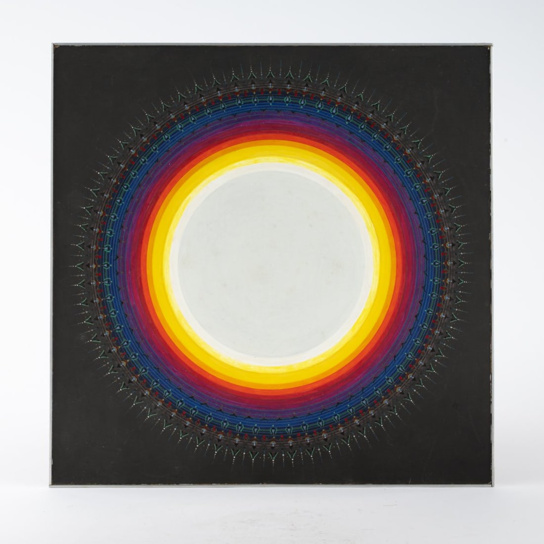 Helmut Zimmermann (1924 Usti nad Labem - 2015 Passau), 'Color ring on dark background': <p>Mixed media on hardboard. 30 x 30 cm. Inscribed and dated on an adhesive label on the reverse, and signed by hand: Helmut Zimmermann (black fineliner). Framed in its original metal frame. <