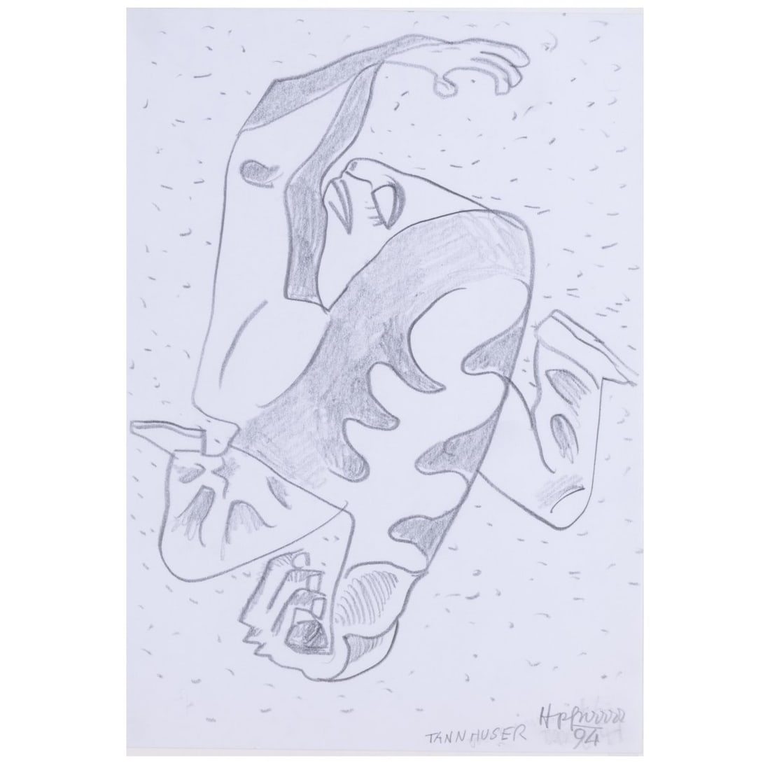 Kurt Hüpfner (1930 Vienna - 2022 ibid), 'Tannhäuser', 1994: <p>Pencil on paper, mounted on cardboard. 29.7 &times; 21 cm (sheet), 40 x 30 cm (passe-partout). Titled lower right: TANNHUSER, signed: Hpfnrrrr and dated: (19)94 (pencil). Loose in a passe
