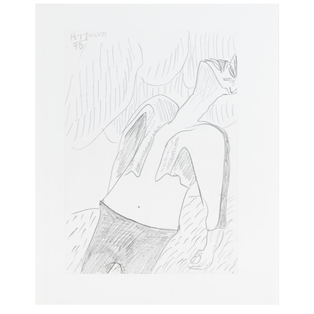 Kurt Hüpfner (1930 Vienna - 2022 ibid), Untitled, 1998: <p>Pencil on paper, mounted on cardboard. 29.7 &times; 21 cm (sheet), 40 x 30 cm (passe-partout). Signed upper left: Hpfnrrrr and dated: (19)98 (pencil). Loose in passe-partout.</p><