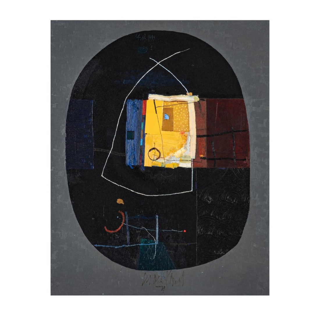 Stoyan Tsanev (1946 Burgas - 2019 ibid), Abstract Composition, 1999: <p>Oil on canvas. 41 x 33 cm (canvas), 46.5 x 38.5 cm (frame). Dated top center: 14.07.1999 II, signed bottom center: Stoyan Tsanev (oil), inscribed twice on the stretcher verso: Yard. Framed an