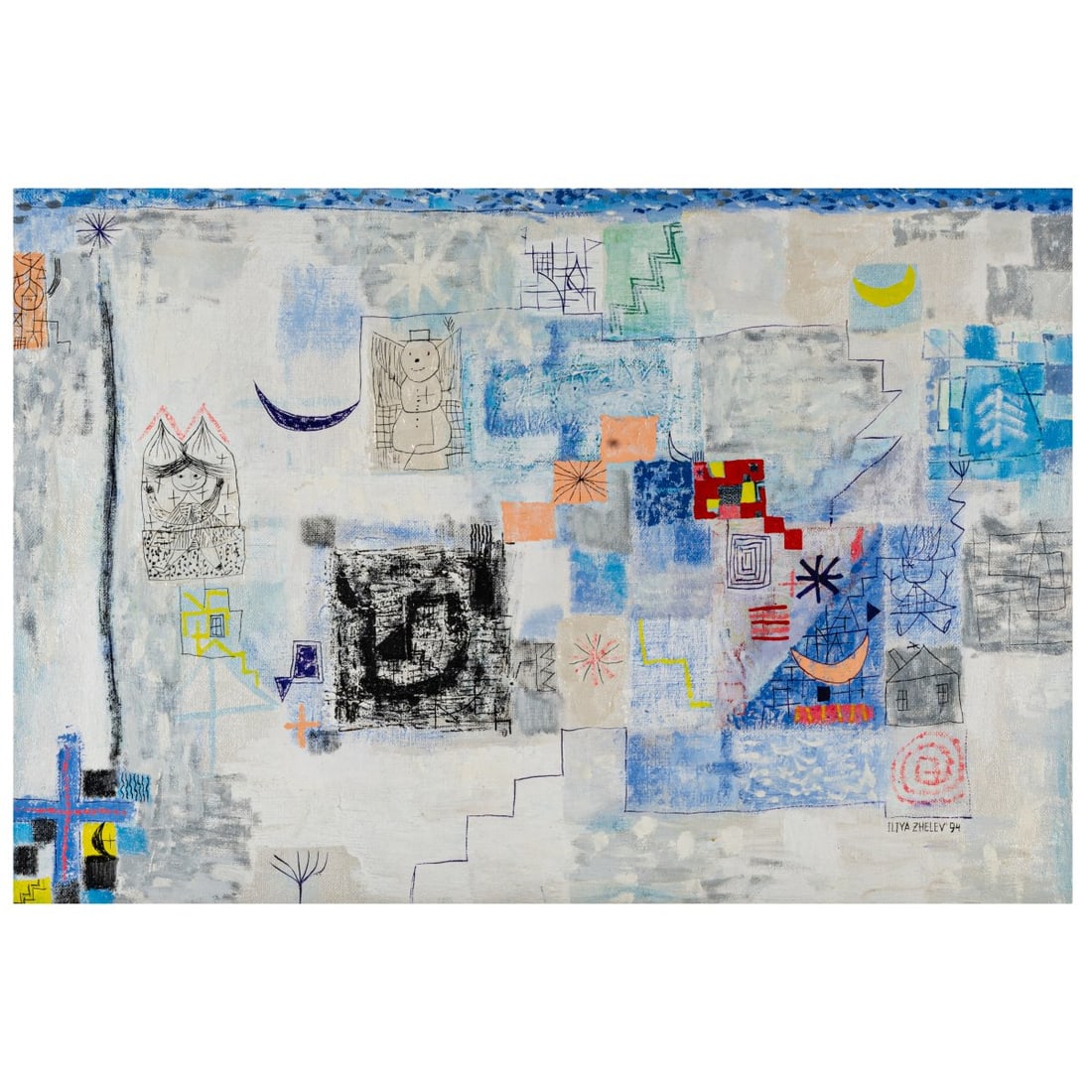 Iliya Zhelev (1961 Plovdiv), Abstract composition with snowman, 1994: <p>Acrylic on canvas. 55 x 80 cm (canvas), 61.5 x 86.5 cm (frame). Signed lower right: ILIYA ZHELEV and dated: (19)94 (acrylic). Framed and described as such. </p>