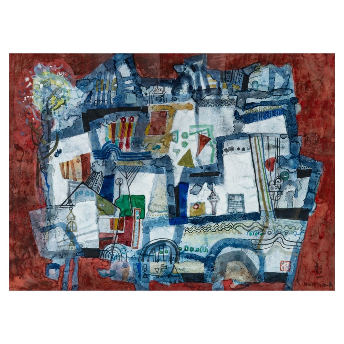 Sh?ichi Hasegawa (1929 Yaizu - 2023 Paris), 'Enchanted Labyrinth', c. 2000: <p>Pencil and watercolor on Arches wove paper (watermark). 59.5 x 78.3 cm (sheet), 94 x 111 cm (frame). Signed bilingually lower left: Sh?ichi Hasegawa (watercolor) and a red stamp, titled verso