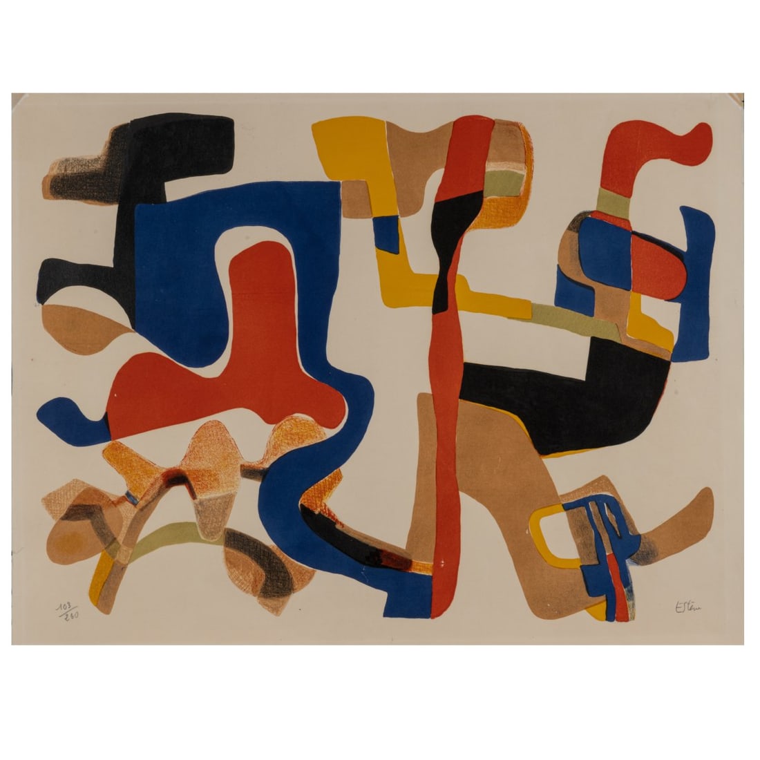 Maurice Estève (1904 Culan - 2001 ibid), 'L'accueil', 1954: <p>Color lithograph on Rives wove paper (watermark). 50.5 x 65.5 cm (sheet). Numbered 103/260 lower left, signed Est&egrave;ve (pencil) lower right. Copy 103 of 260. Loose in a portfolio. &l