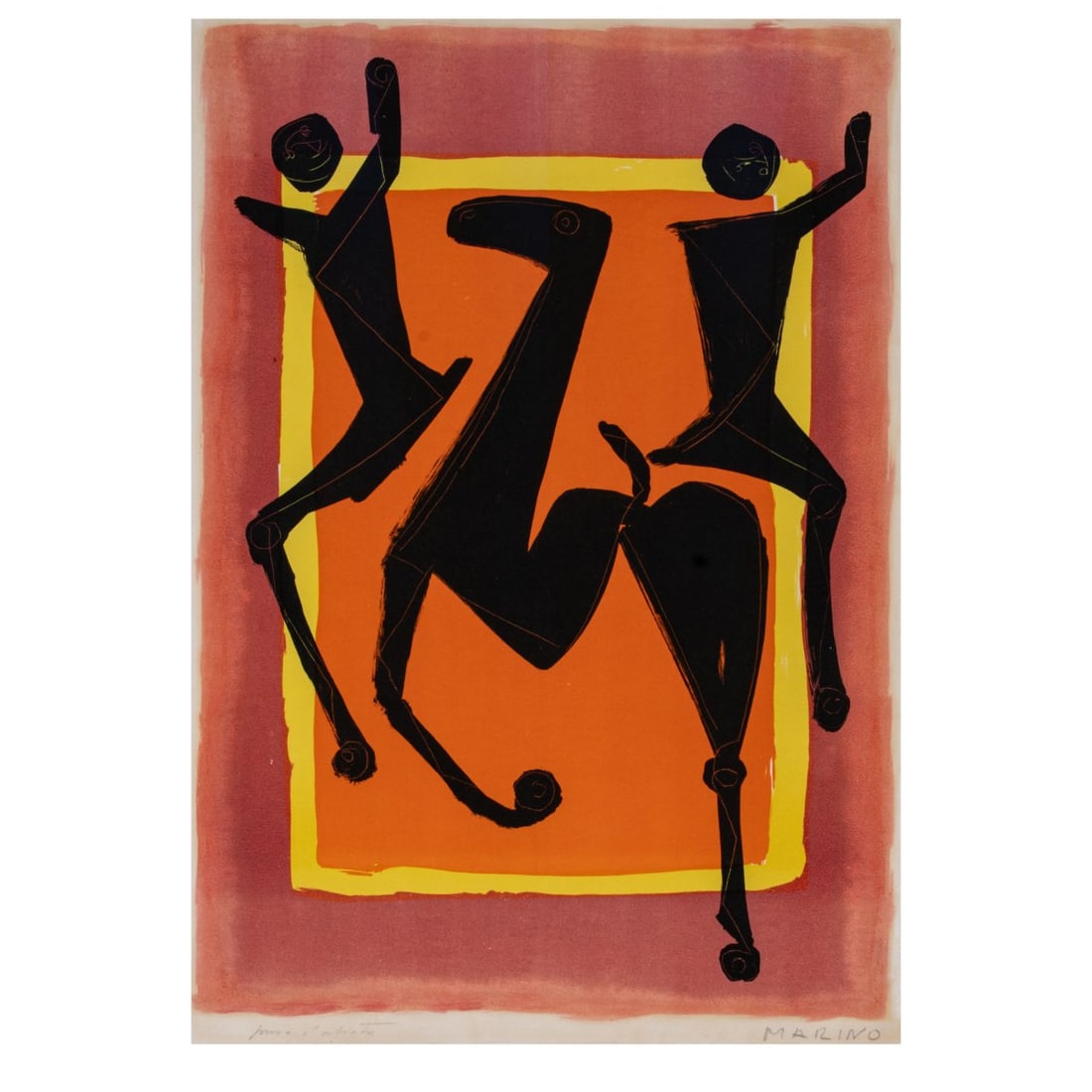 Marino Marini (1901 Pistoia - 1980 Viareggio), 'Giocolieri', 1954/55: <p>Color lithograph on paper. 66 x 50 cm (sheet), 96.5 x 81.5 cm (frame). Inscribed lower left: prova d'artista, signed lower right: MARINO (pencil). Proof alongside an edition of 50. F