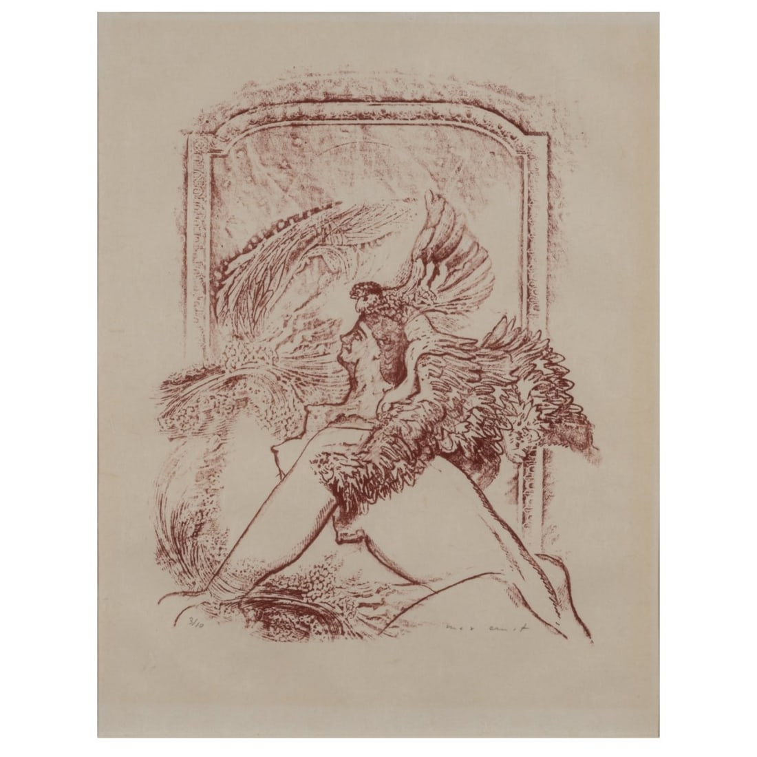 Max Ernst (1891 Brühl - 1976 Paris), 'Sphinx', 1957: <p>Lithograph in red on Japanese paper. 25.2 x 19.5 cm (print), 56.5 x 47.5 cm (framed). Numbered 3/10 lower left, signed (pencil) lower right: Max Ernst. Copy 3 of 10 (Edition L. Broder, Paris)