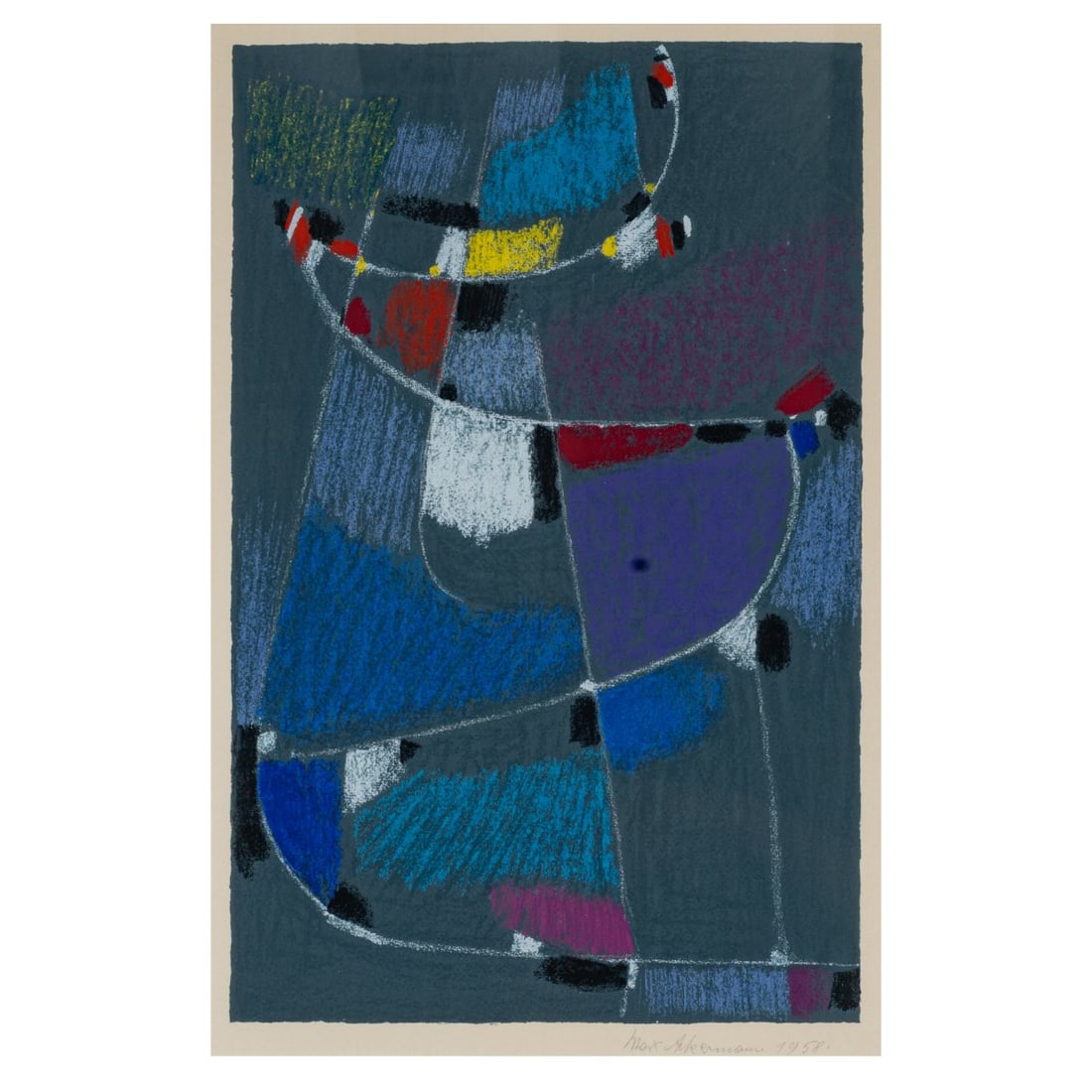Max Ackermann (1887 Berlin - 1975 Bad Liebenzell-Unterlengenhardt), Untitled, 1958: <p>Color serigraph on paper. 48.7 x 31.5 cm (image), 73 x 53 cm (frame). Signed lower right: Max Ackermann and dated: 1958 (pencil). Unnumbered copy, one of an edition of 100. Framed under glass