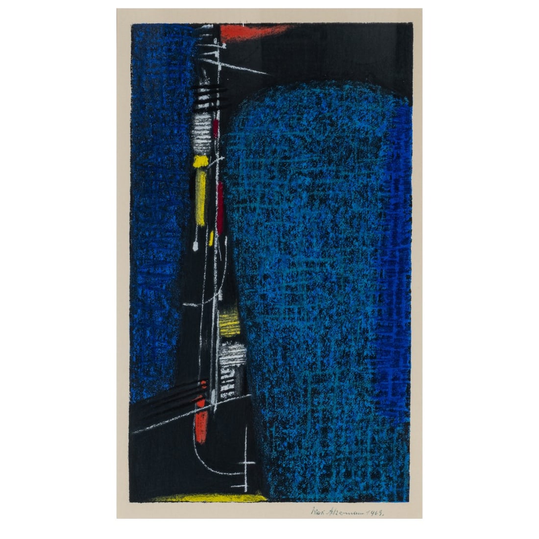 Max Ackermann (1887 Berlin - 1975 Bad Liebenzell-Unterlengenhardt), 'Rhythmisch getü: <p>Color serigraph on paper. 48.8 x 28.6 cm (image), 72.5 x 52.5 cm (frame). Signed lower right: Max Ackermann and dated: 1963 (ballpoint pen). Unnumbered copy, one of an edition of 100. Framed 