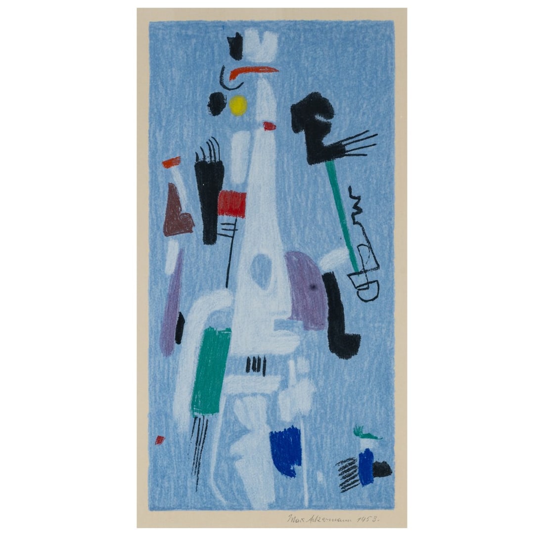 Max Ackermann (1887 Berlin - 1975 Bad Liebenzell-Unterlengenhardt), 'Capriccio', 1953: <p>Color serigraph on paper. 47.5 x 24 cm (image), 73 x 53 cm (frame). Signed lower right: Max Ackermann and dated: 1953 (ballpoint pen). Unnumbered copy, one of an edition of 100. Framed under 