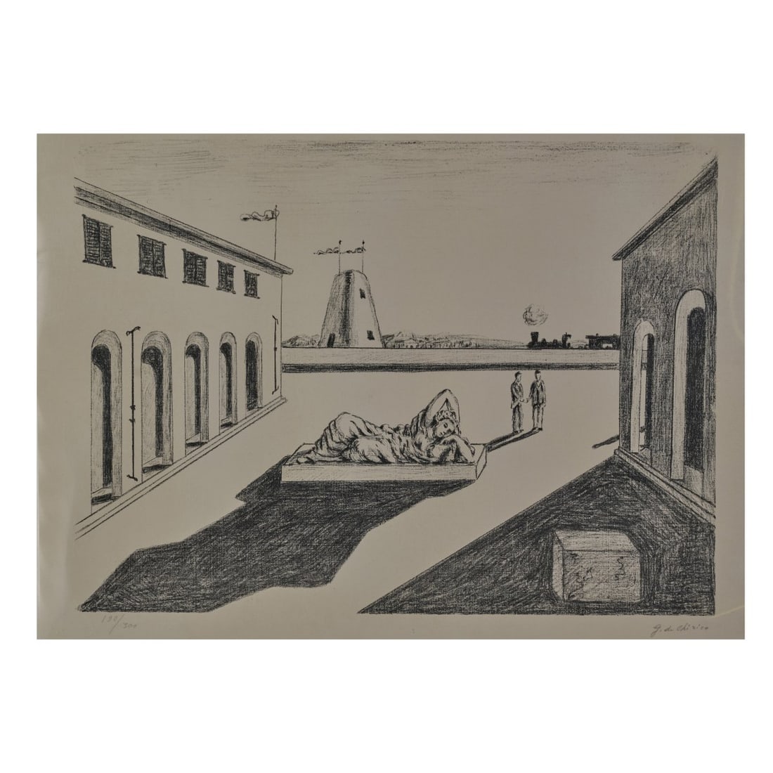 Giorgio de Chirico (1888 Volos - 1978 Rome), 'Piazza d'Italia', 1969: <p>Lithograph on laid paper. 50.5 x 70 cm (sheet). Lower left numbered: 190/300, lower right signed: G. d. Chirico (pencil). Copy 190 of 300 copies, printed by Alberto Caprini, Rome (blind stamp