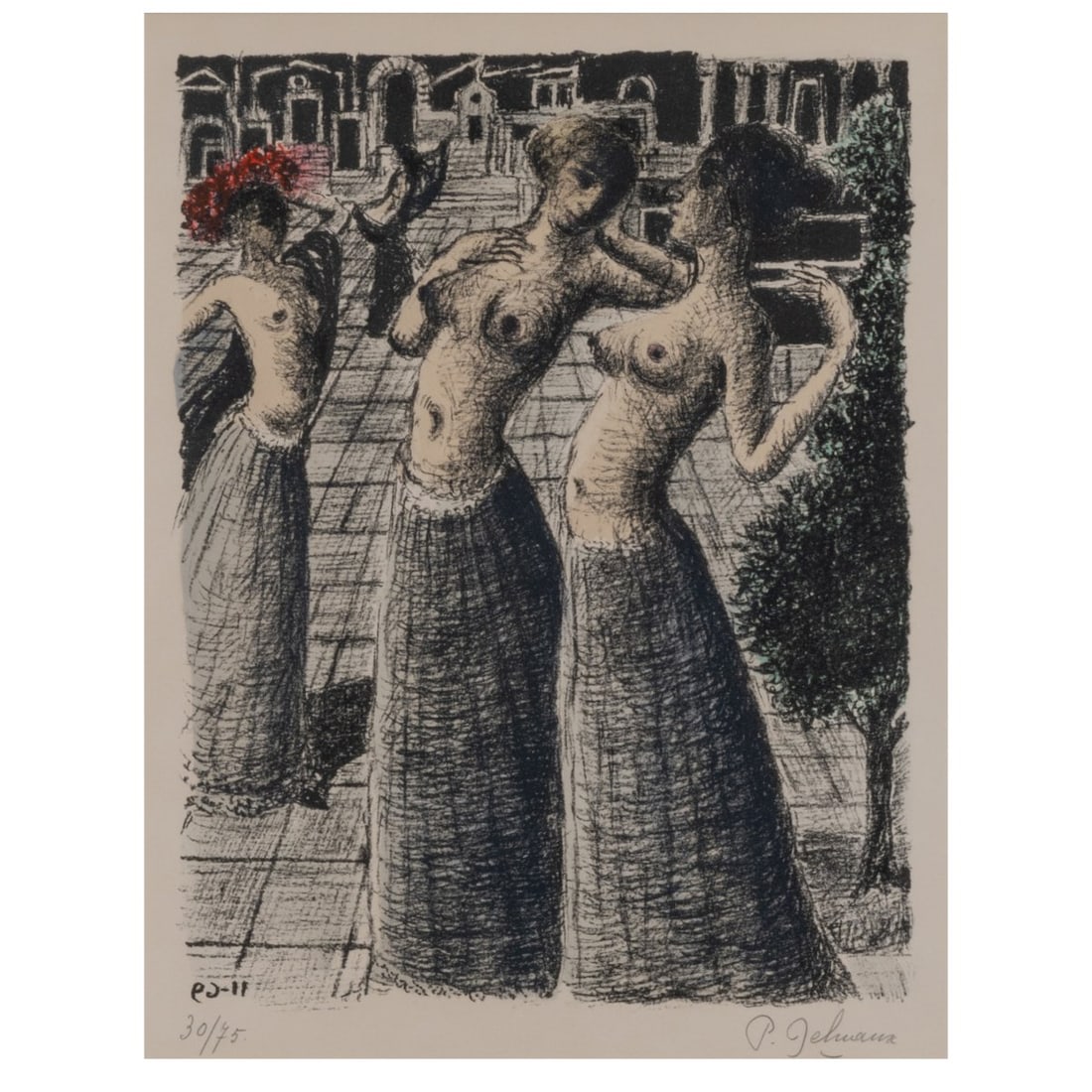 Paul Delvaux (1897 Antheit - 1994 Verne), 'La Danse', 1969: <p>Color lithograph on copperplate printing paper. 31.5 x 24 cm (print), 56.5 x 49.5 cm (framed). Dated in reverse in the plate lower left: 11/69, numbered lower left: 35/75, signed lower right: