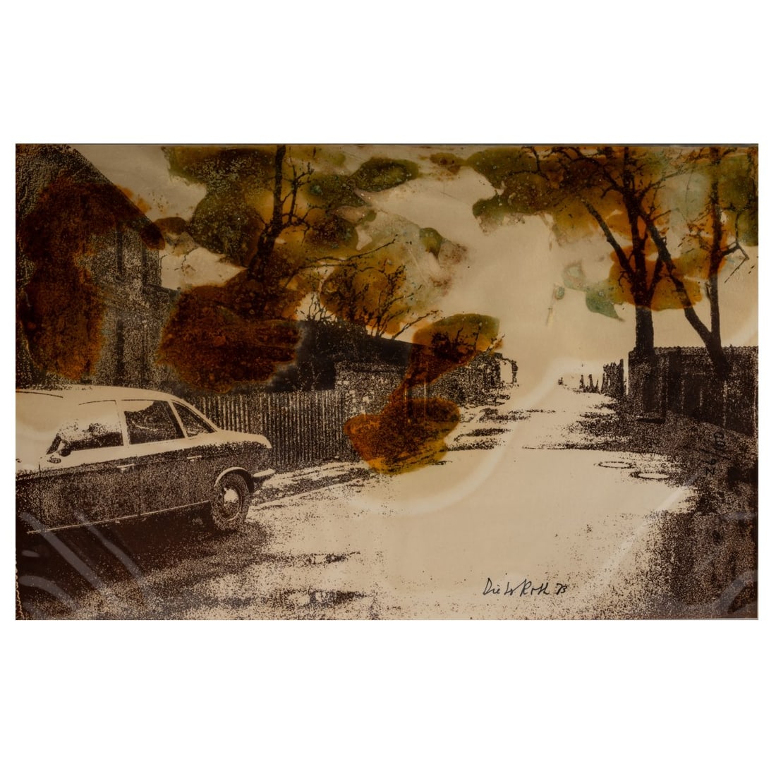 Dieter Roth (1930 Hannover - 1998 Basel), 'In Oelper scheperts (Braunschweiger Landschaft mit: <p>Offset lithograph, plastic wrapper with melted cheese, on thick paper. 31.8 x 49.2 cm. Signed and dated (19)73 at the bottom center, numbered 26/100 (black fineliner) on the right edge. Copy 