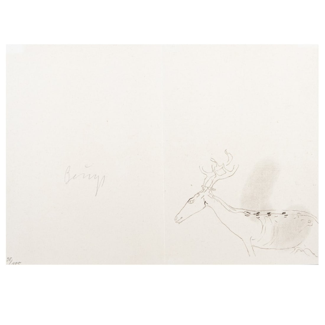 Joseph Beuys (1921 Krefeld - 1986 Düsseldorf), 'Zeichnungen zu Leonardo Codices: <p>Book and granolithograph on light cardboard. 23 x 32.5 cm (cardboard with center fold), 33.5 x 42.5 cm (frame), 23.5 x 17 x 2 cm (book). Drawing numbered 98/100 lower left, signed Beuys (penc