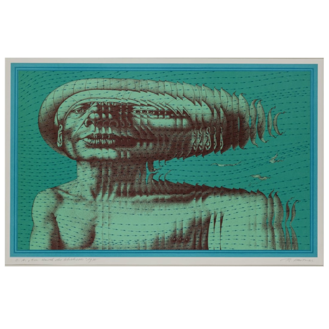 Rudolf Hausner (1914 Vienna - 1995 Mödling), 'Ein Hauch des Schicksals', 1975: <p>Color lithograph on paper. 39 x 61.5 cm (print), 63 x 83 cm (framed). Inscribed lower left: E.A. (for Epreuve d'Artiste), titled: "Ein Hauch des Schicksals" and dat