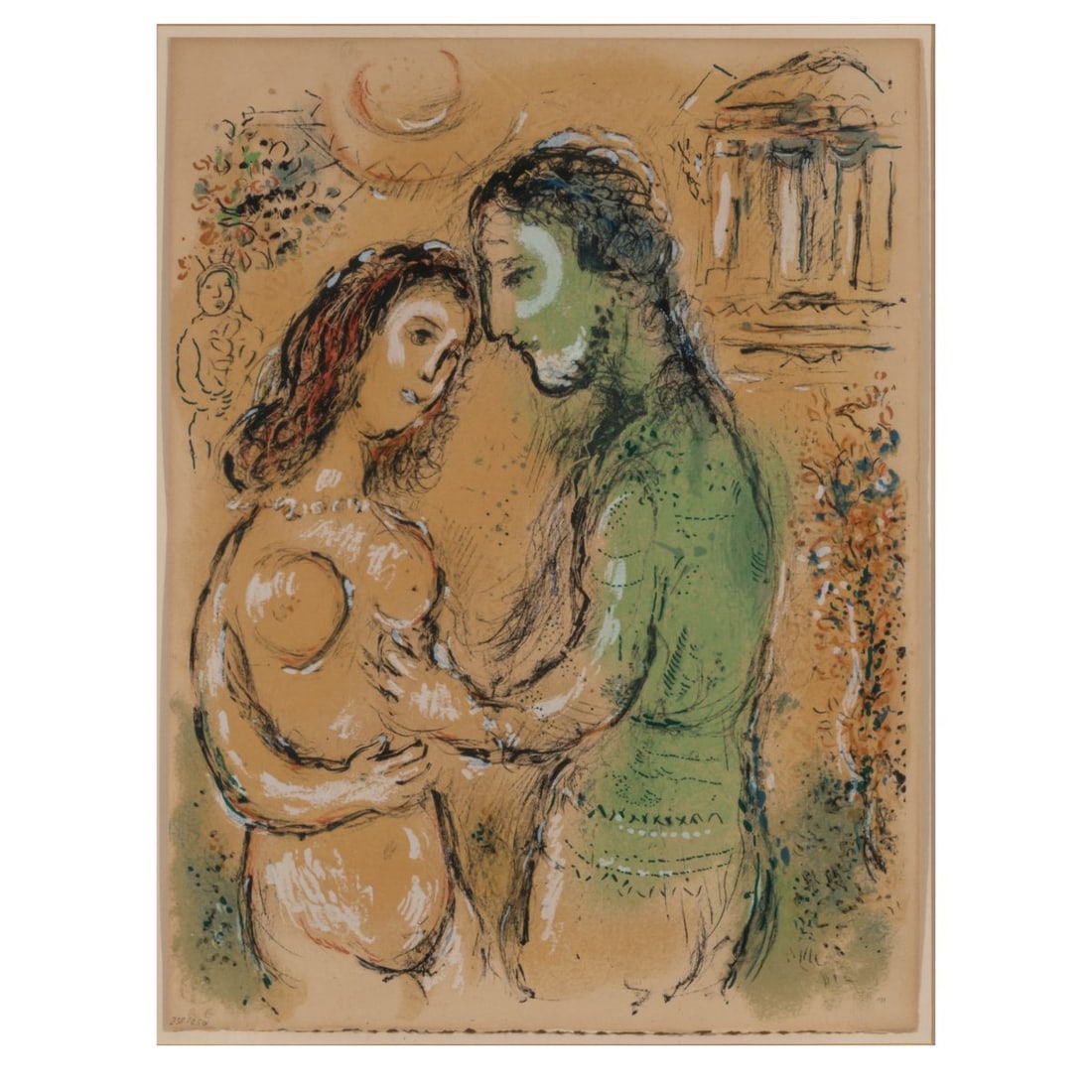 Marc Chagall (1887, Vitebsk – 1985, St. Paul-de-Vence), 'Ares et Aphrodite' from the: <p>Color lithograph on wove paper. 42.5 x 32 cm (sheet), 62.5 x 50.5 cm (frame). Numbered lower left: 238/250 (pencil). Copy 238 of 250 copies. Framed under glass in a passe-partout and describe