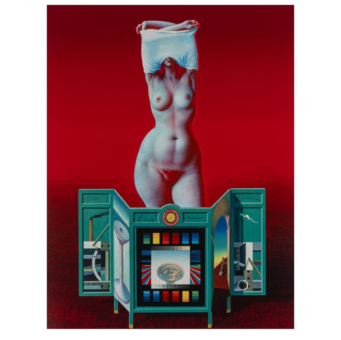 Rudolf Hausner (1914 Vienna - 1995 Mödling), 'Evas Paravent', 1980: <p>Color lithograph on paper. 65 x 50 cm (sheet), 82.5 x 62.5 cm (frame). Numbered 18/200 on the left side of the screen, signed R. Hausner (pencil) on the right. Copy 18 of 200 copies. Framed u